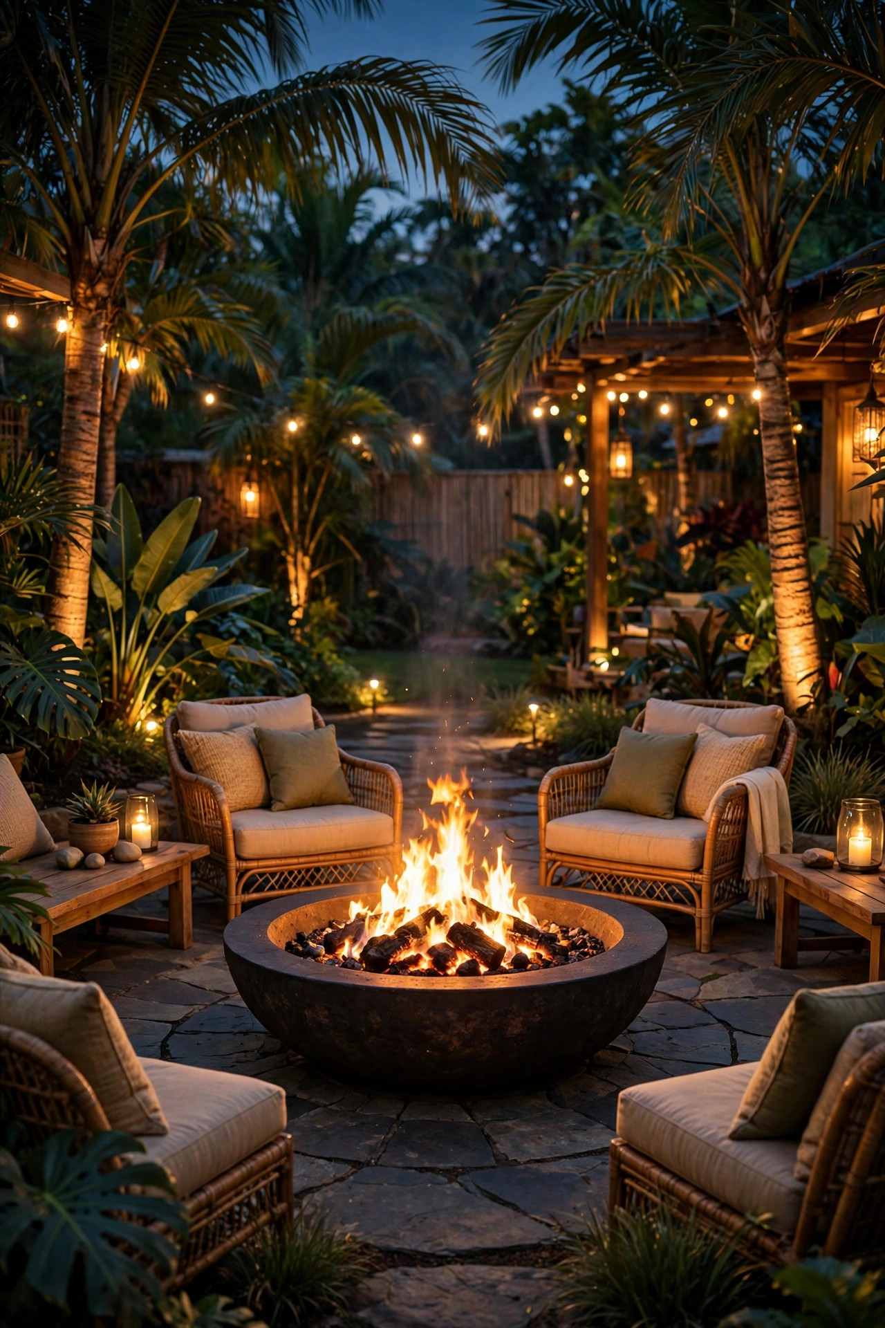 Tropical backyard fire bowl glowing at the center of a seating area at night surrounded by palm trees and warm accent lighting