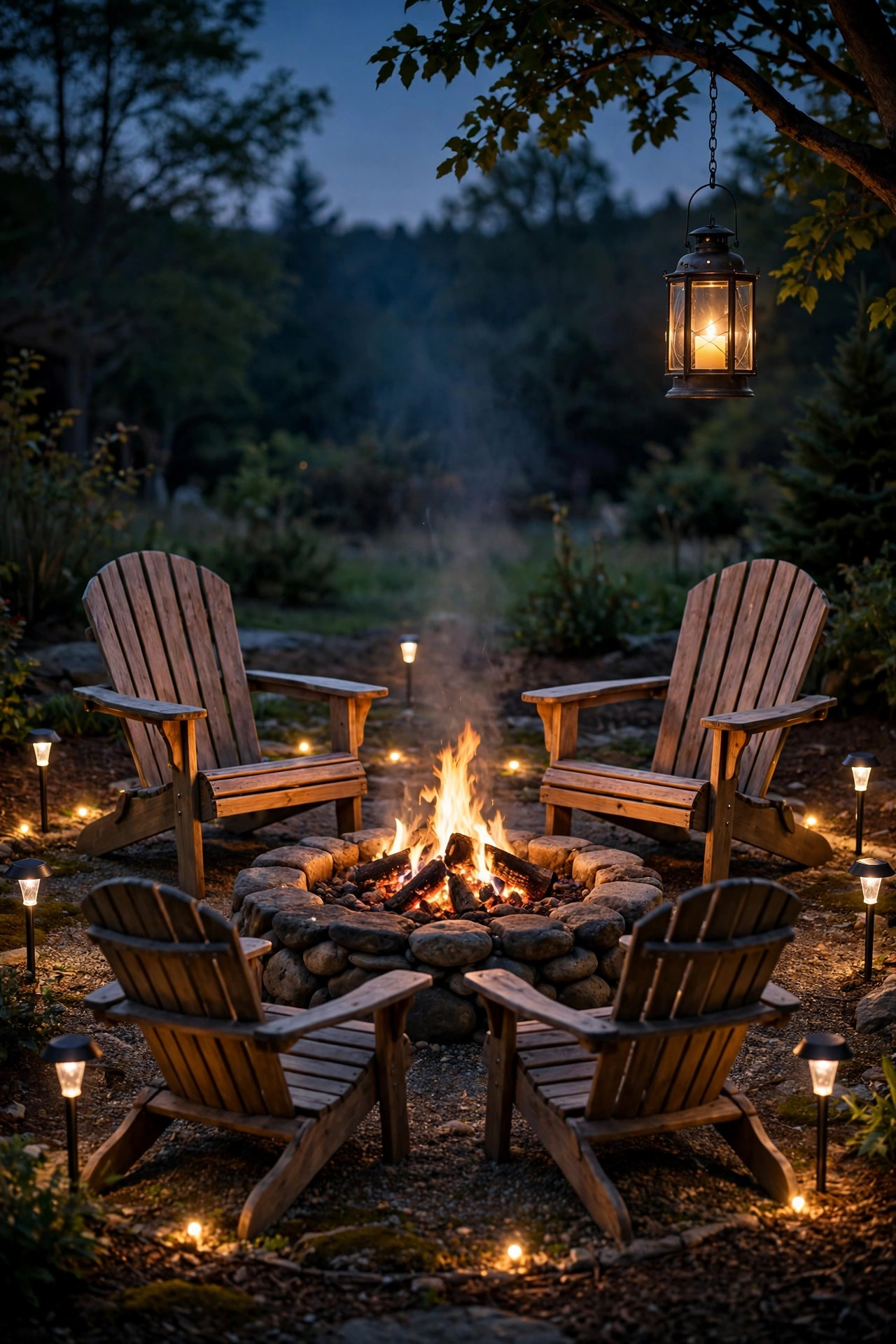 Fire pit with Adirondack chairs ringed by soft solar stake lights and a hanging lantern at night