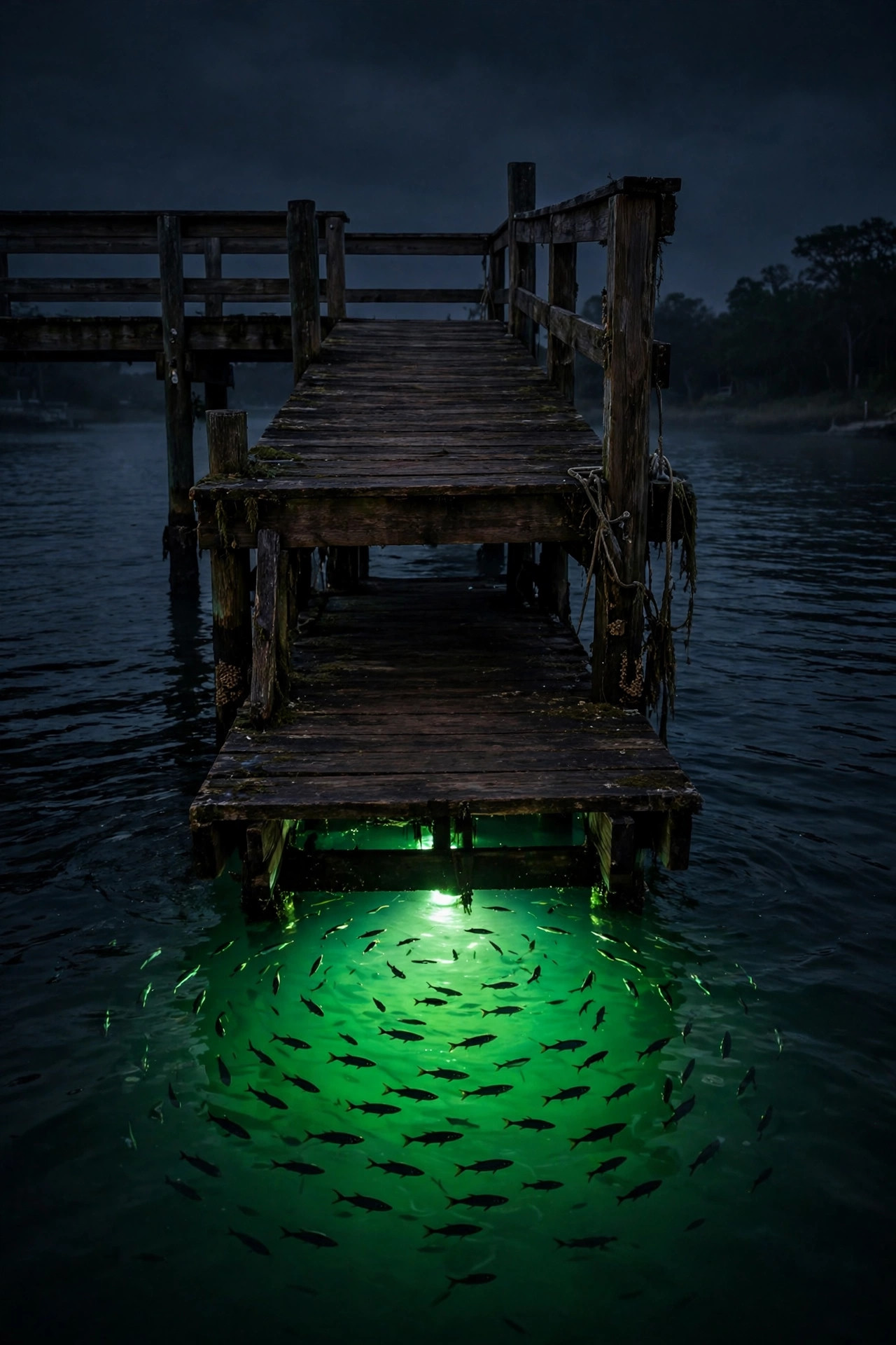 Green underwater fishing light glowing beneath the end of a dock at night with baitfish silhouettes circling