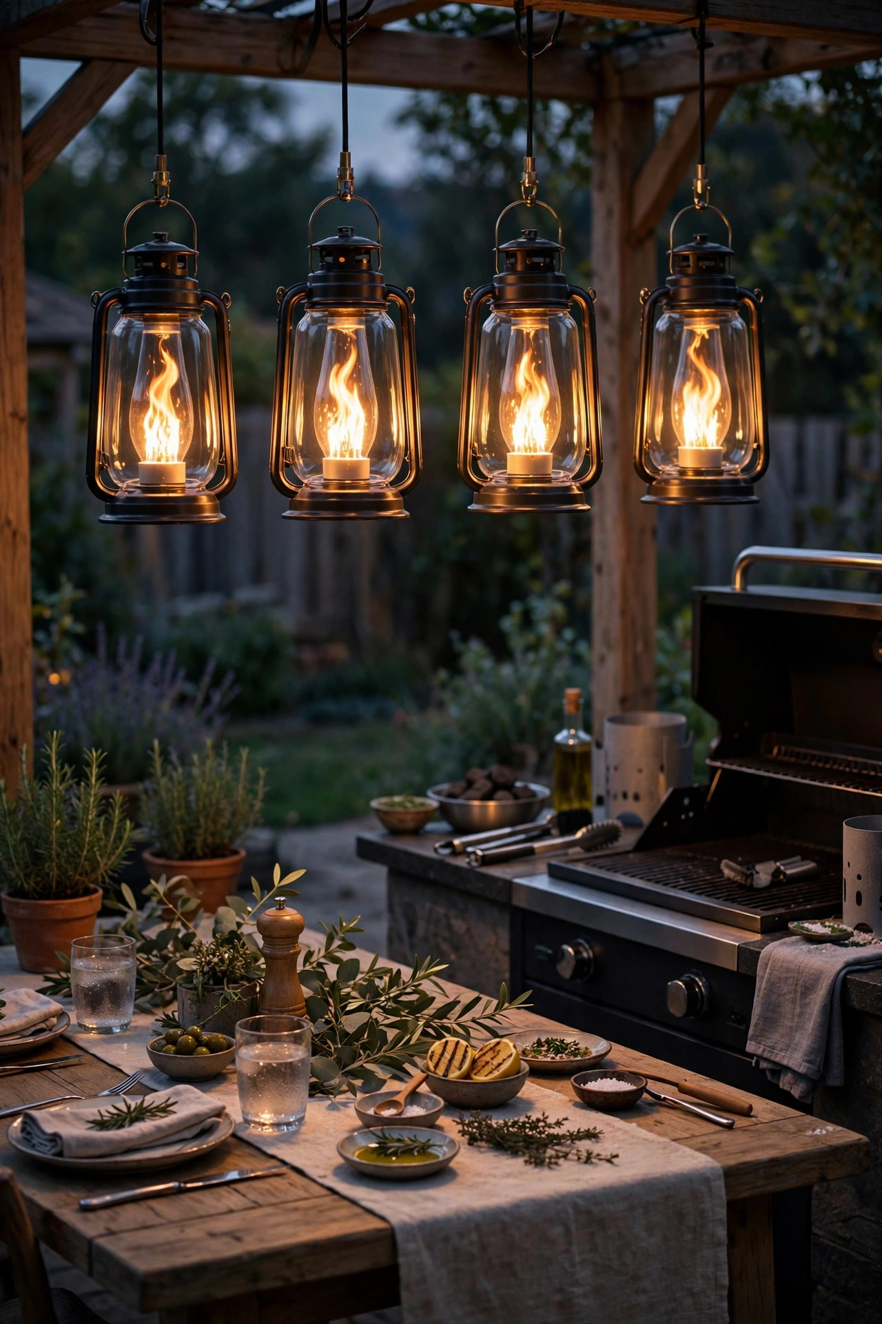 Flame effect LED bulbs flickering warm in lanterns over an outdoor dining table beside a grill station