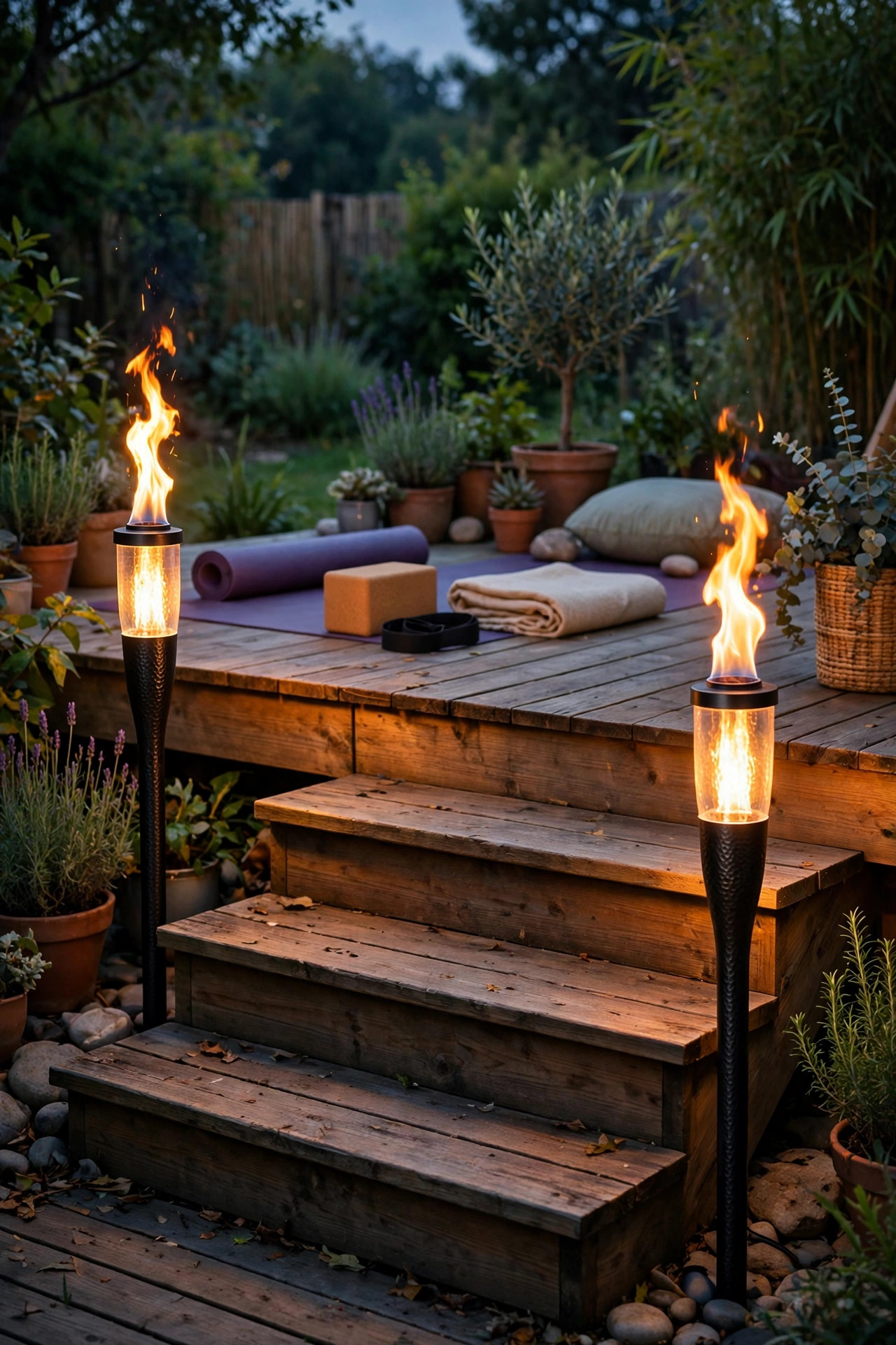 Pair of solar flame effect torches flickering beside deck steps near an outdoor yoga space at dusk