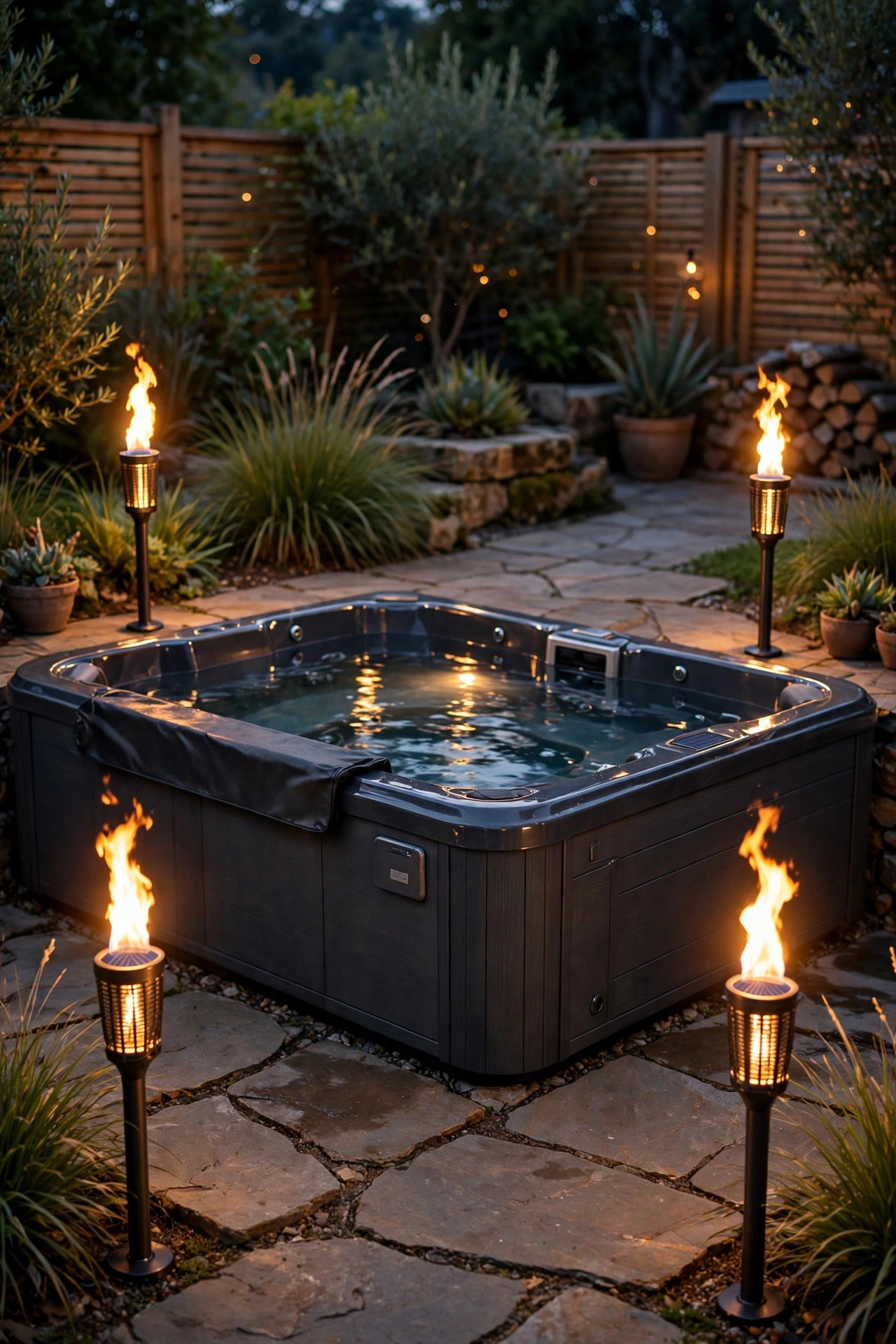 Solar flame-effect torch lights flickering at the corners of a swim spa patio