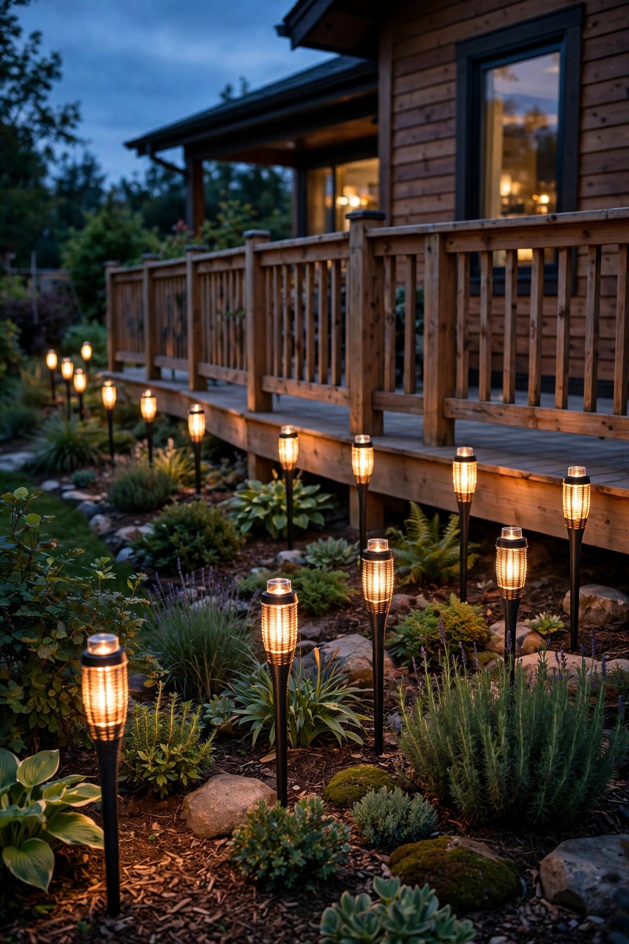 Flameless solar torch stakes flickering along the quiet garden side of a wraparound deck