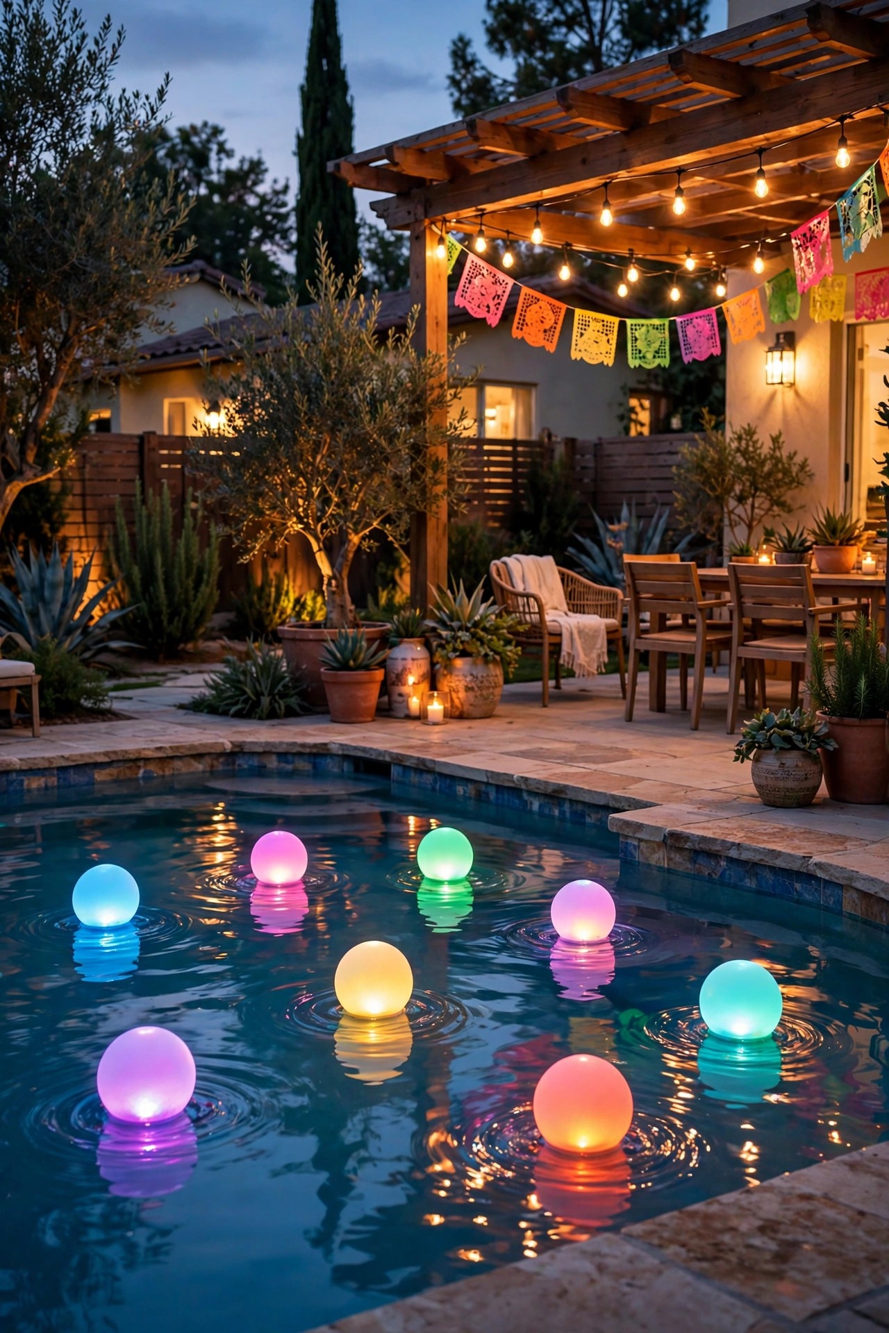 Color-changing floating LED orbs drifting in a backyard pool beside a patio at dusk