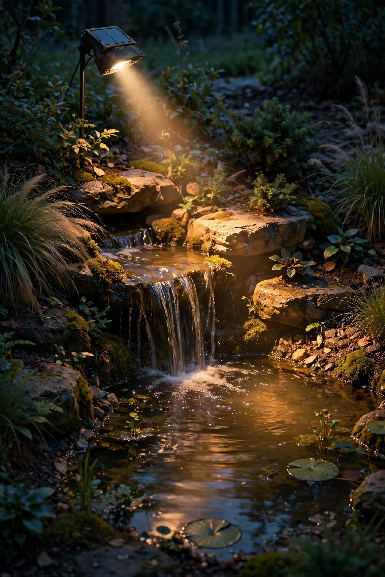 Solar spotlight skimming warm light across a small garden pond and waterfall at night