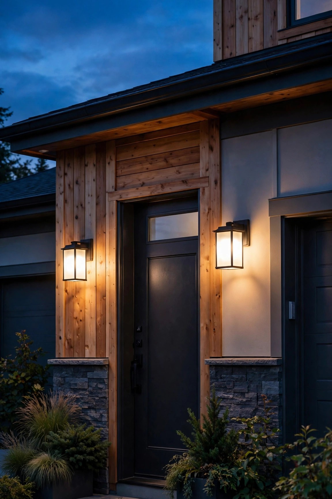 Frosted glass garage lanterns giving off a soft diffused warm glow without glare beside the door