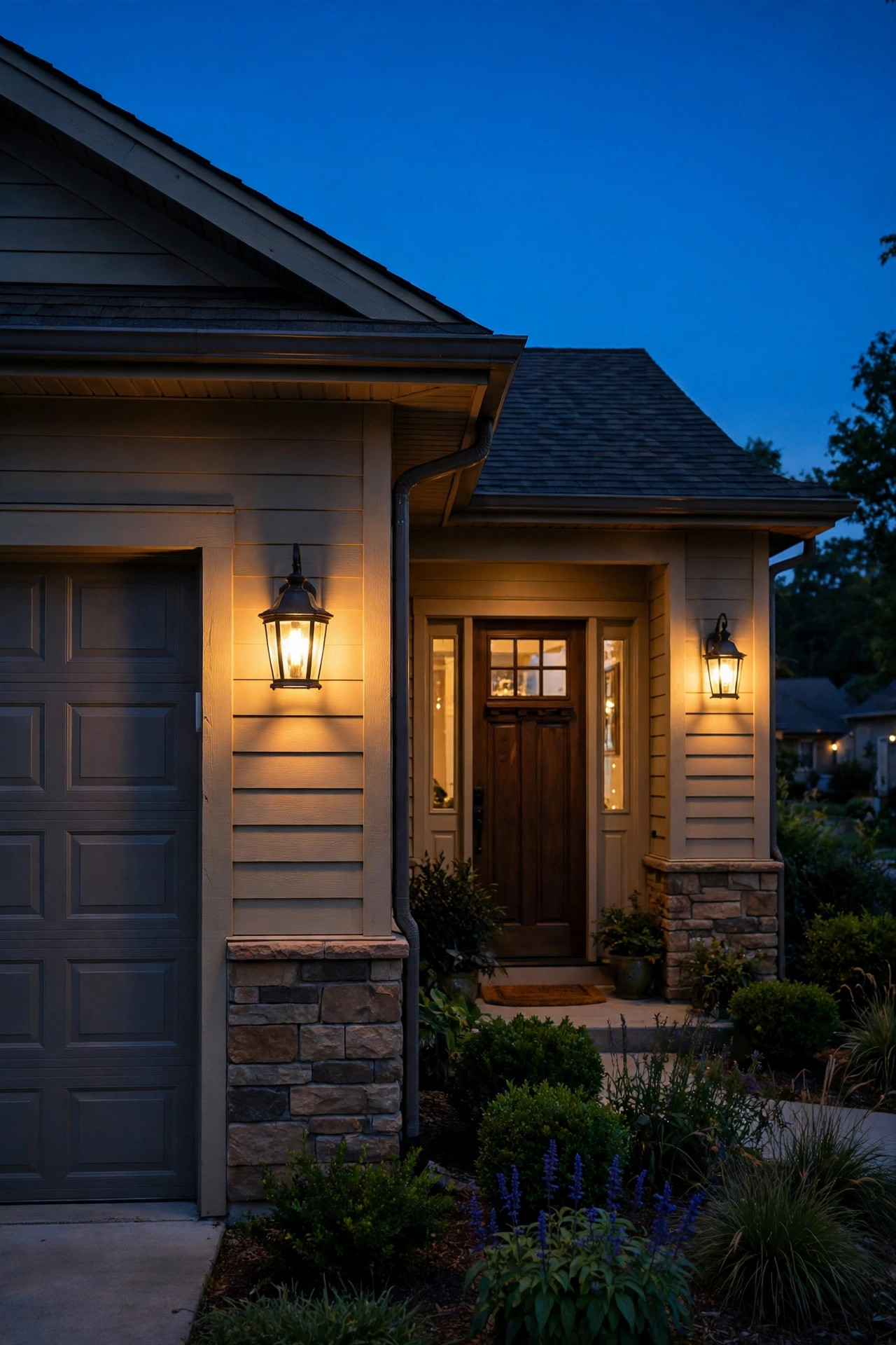 Matching carriage lantern lights glowing beside a ranch home garage door and front entry