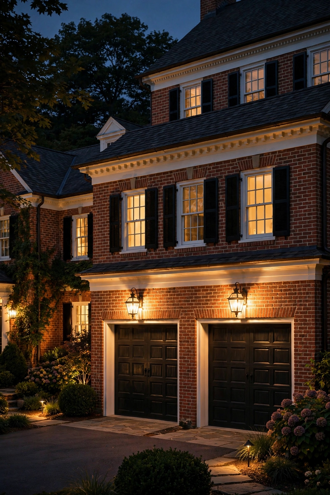 Matching carriage sconces glowing above garage doors on a colonial home at night