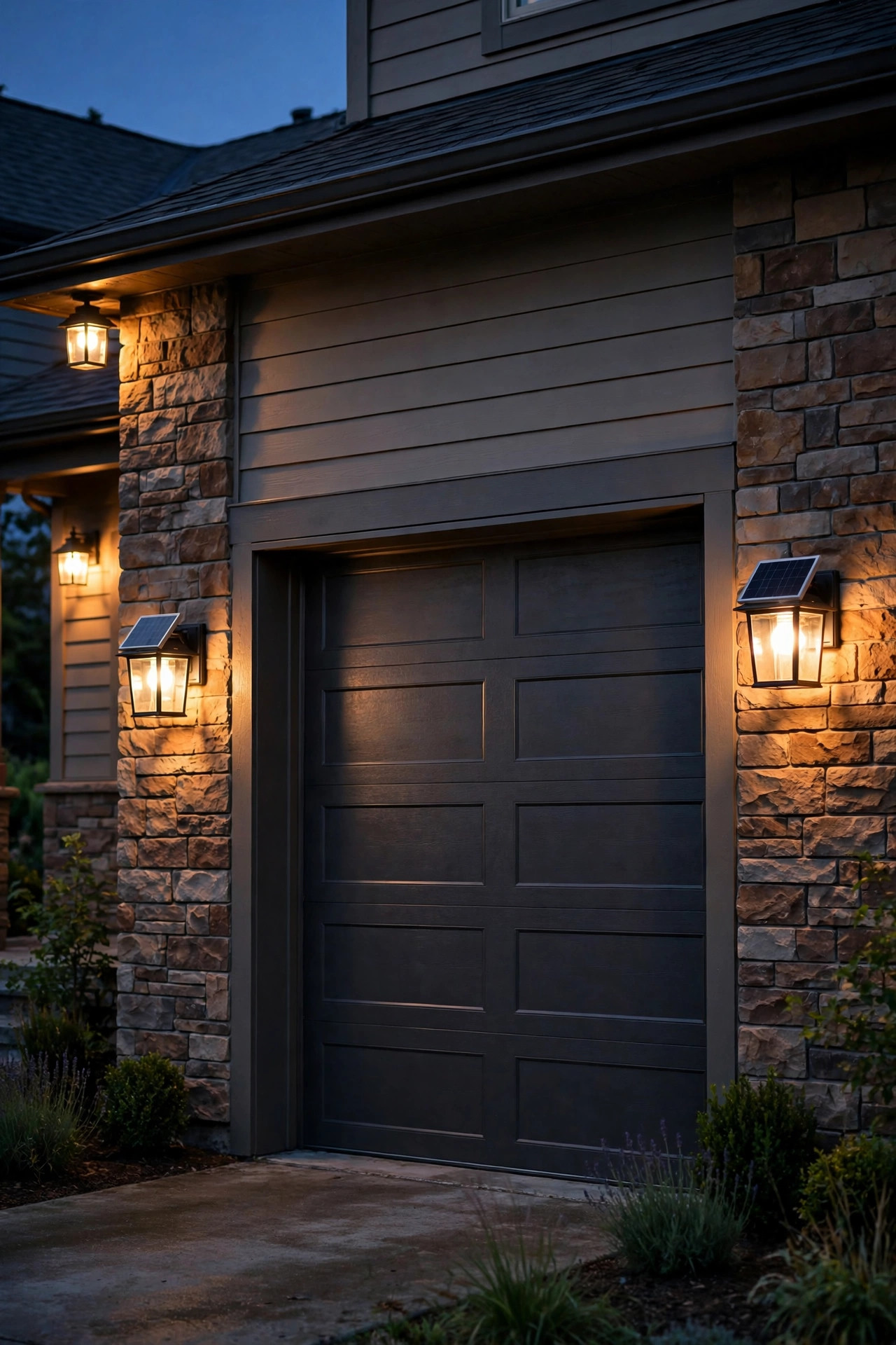 Matching pair of solar wall sconces flanking a garage door, echoing the porch lighting at twilight