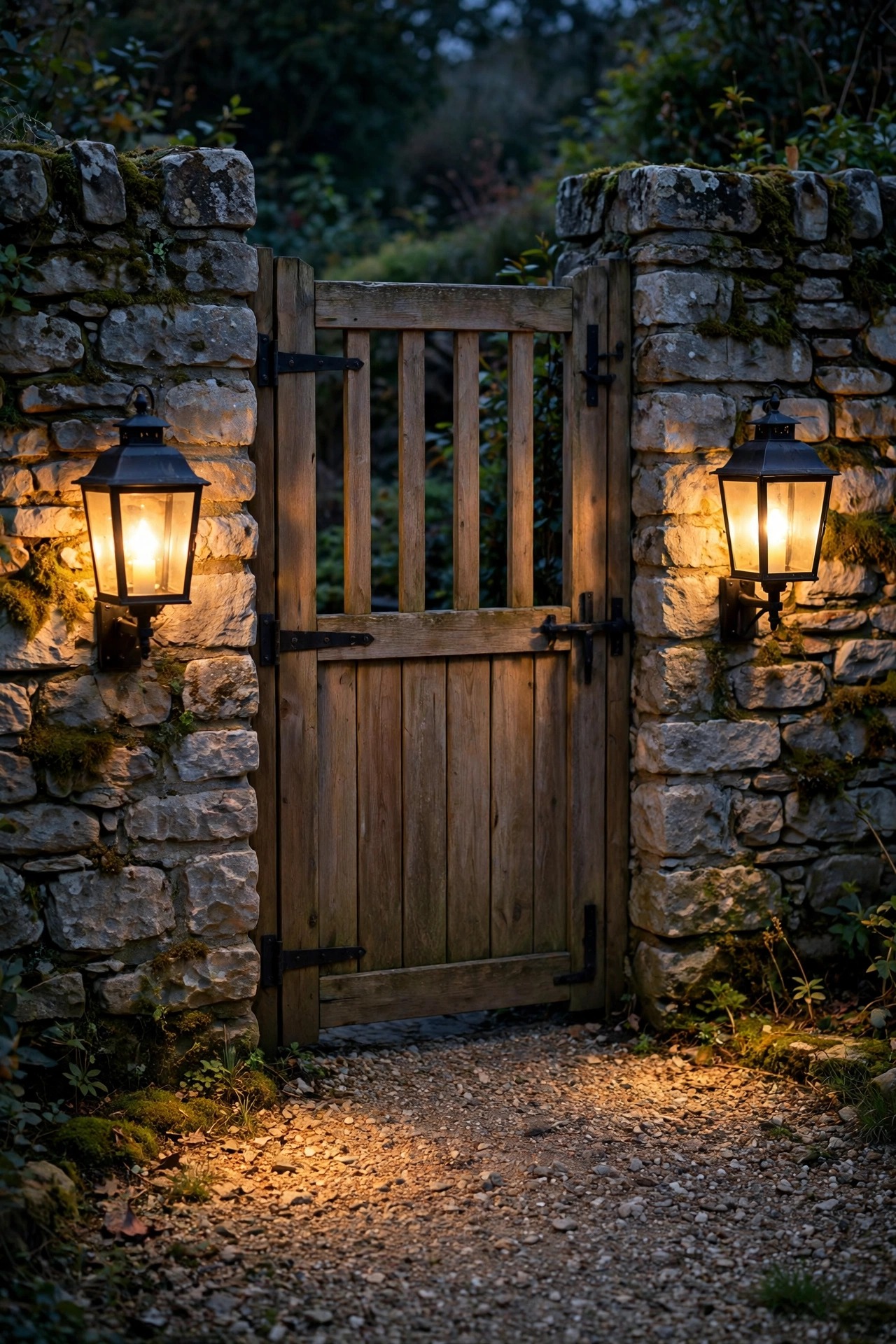 Matched lanterns flanking a wooden garden gate in a stone wall with warm light spilling onto gravel