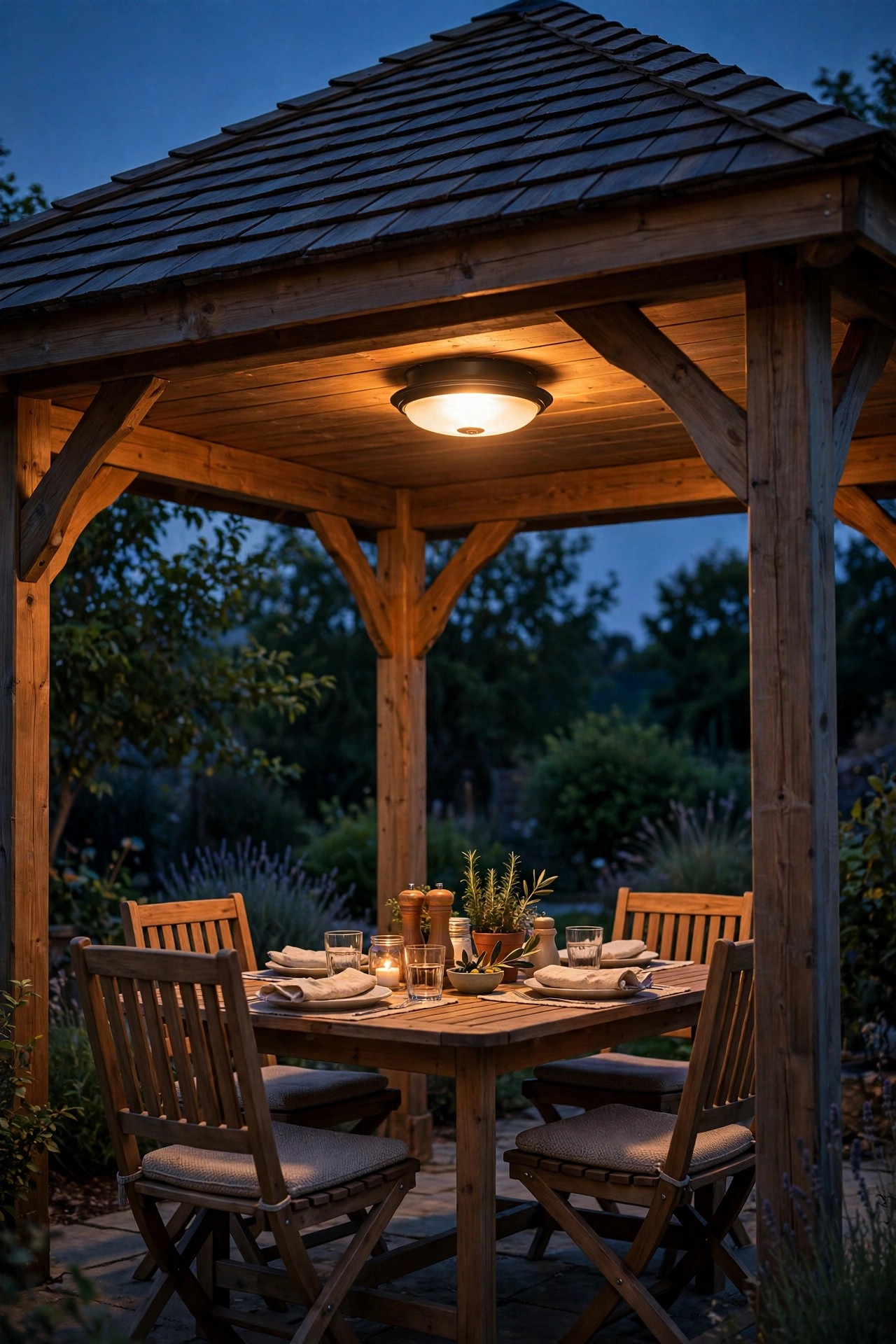 Battery powered ceiling light glowing warmly above a gazebo dining set at dusk, no visible wiring