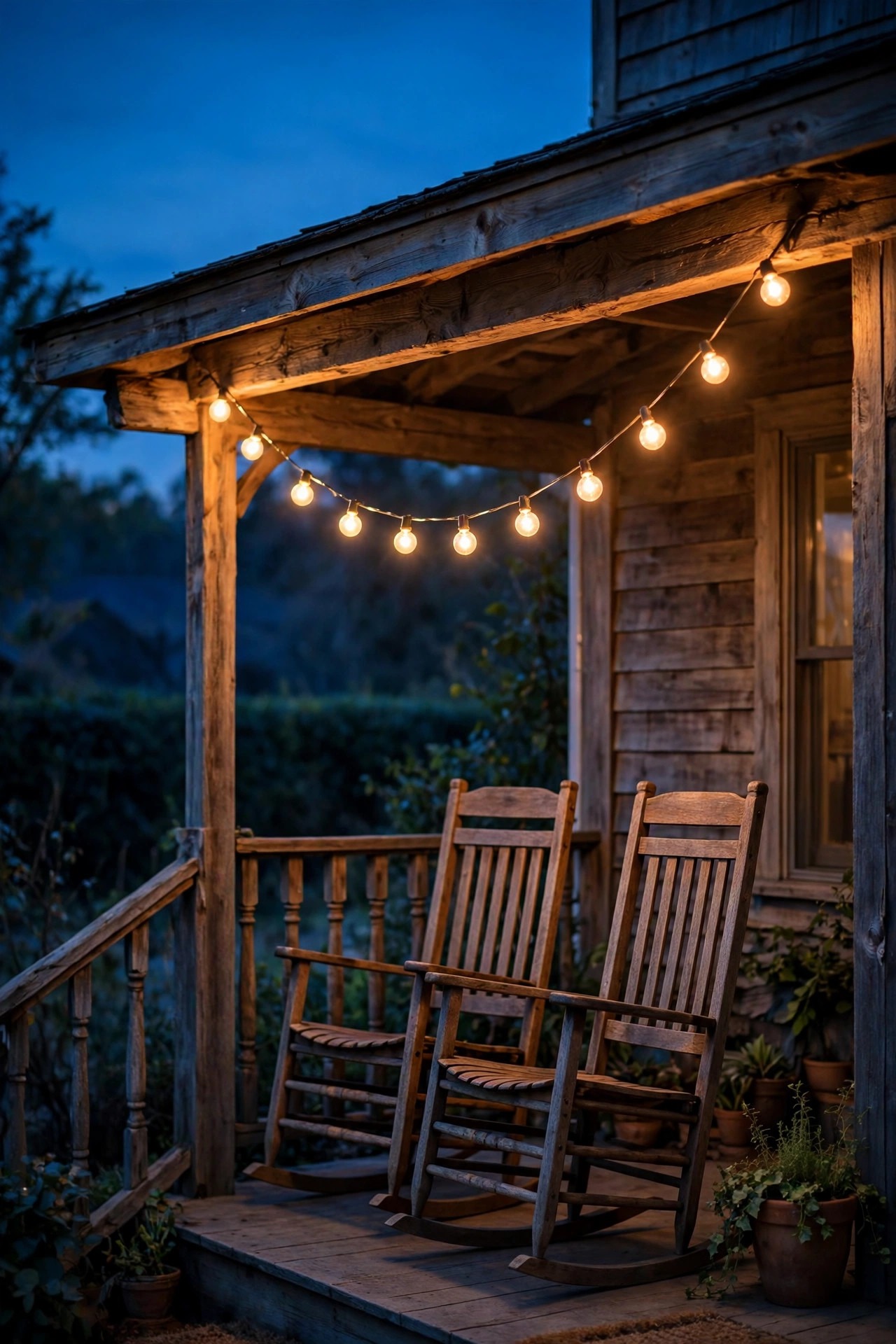 A single strand of warm globe string lights swagged along a traditional porch beam above rocking chairs at dusk