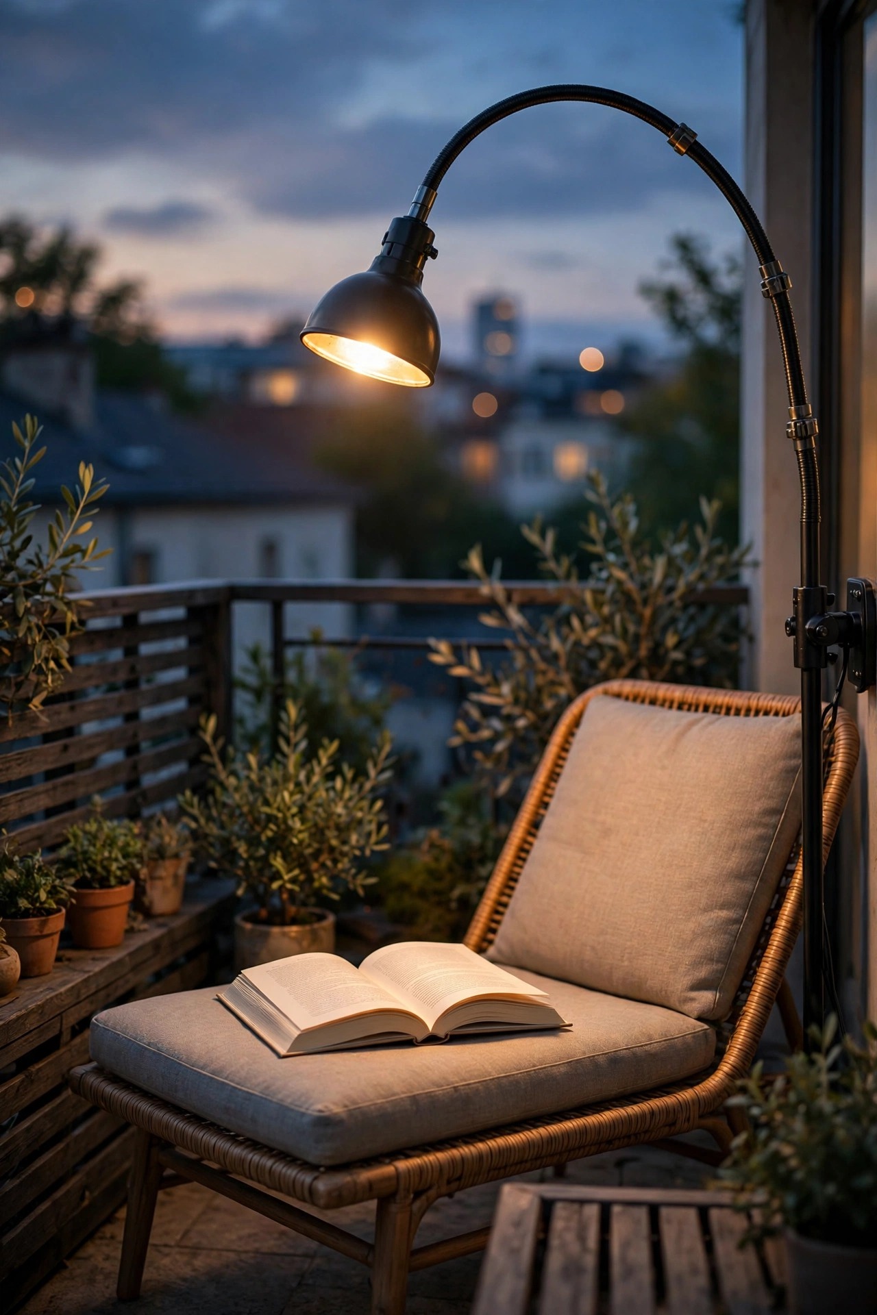 Gooseneck arc lamp curving over a balcony lounge chair with focused warm light on an open book