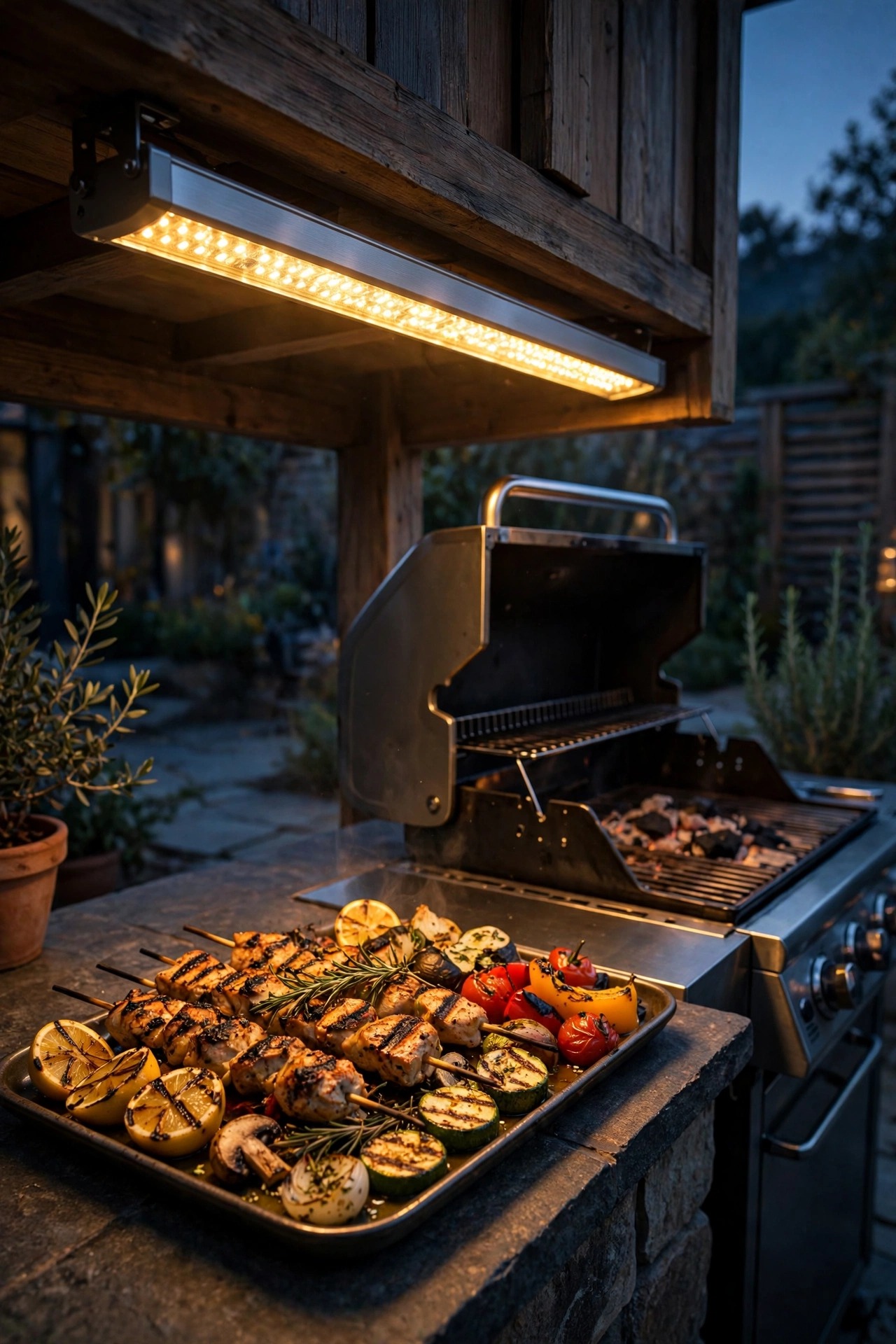 Metal LED light bar under a cabinet beside an outdoor grill lighting a tray of grilled food at dusk