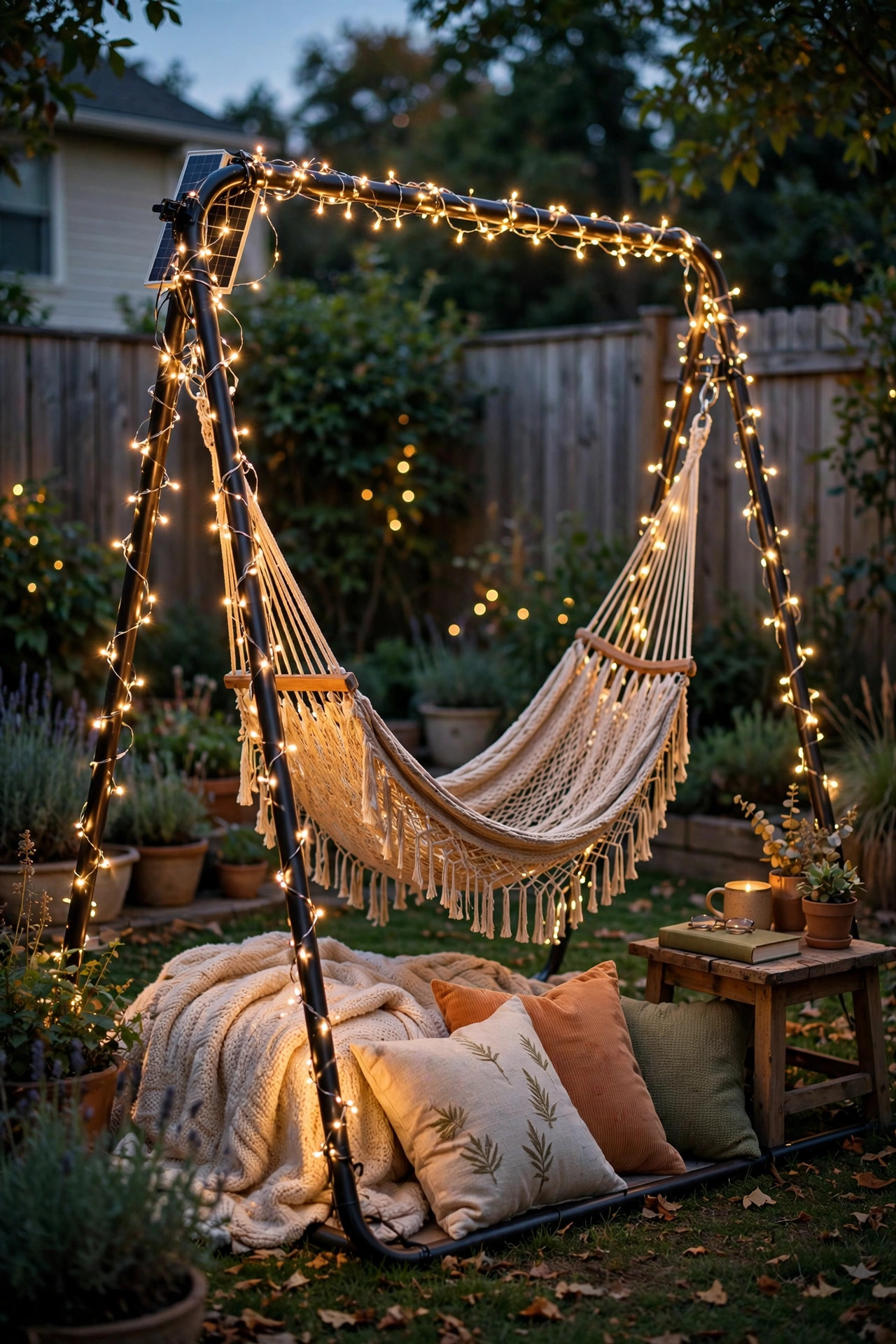 Solar fairy string lights wrapped around a hammock stand frame glowing over a cozy reading nook at dusk