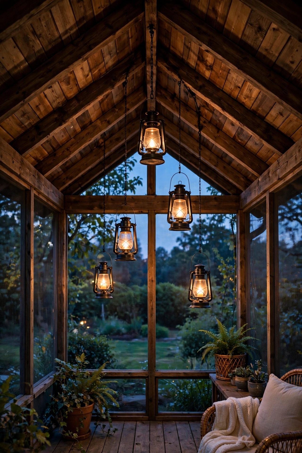 Hanging lanterns at staggered heights glowing warmly from the peaked ceiling of a screened porch
