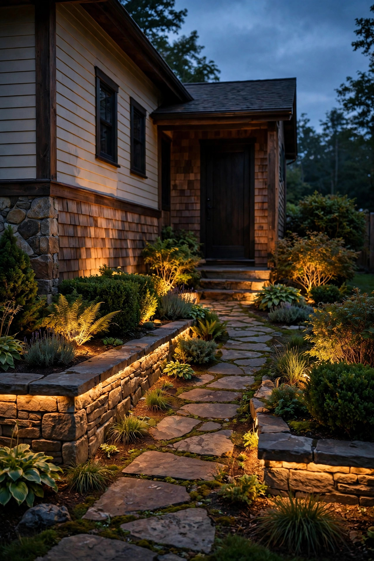 Small front yard at dusk where hidden fixtures make walls, shrubs, and path glow with no visible light sources from the street