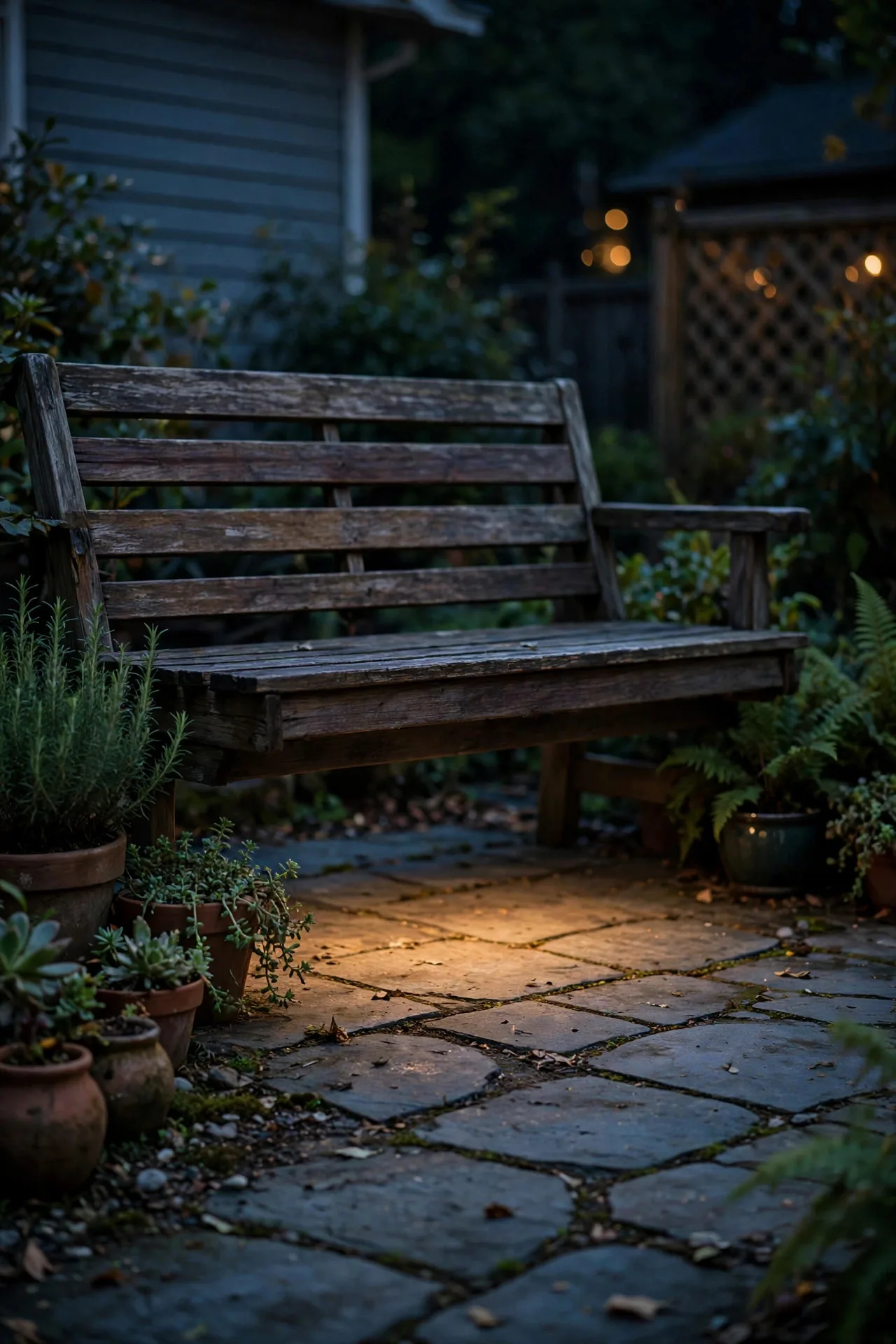 Hidden LED strip lights glowing under a patio bench at night