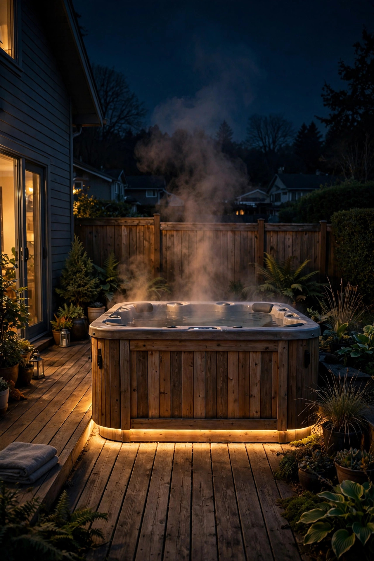 Hot tub on a wooden deck at night with soft amber edge lighting around the cabinet