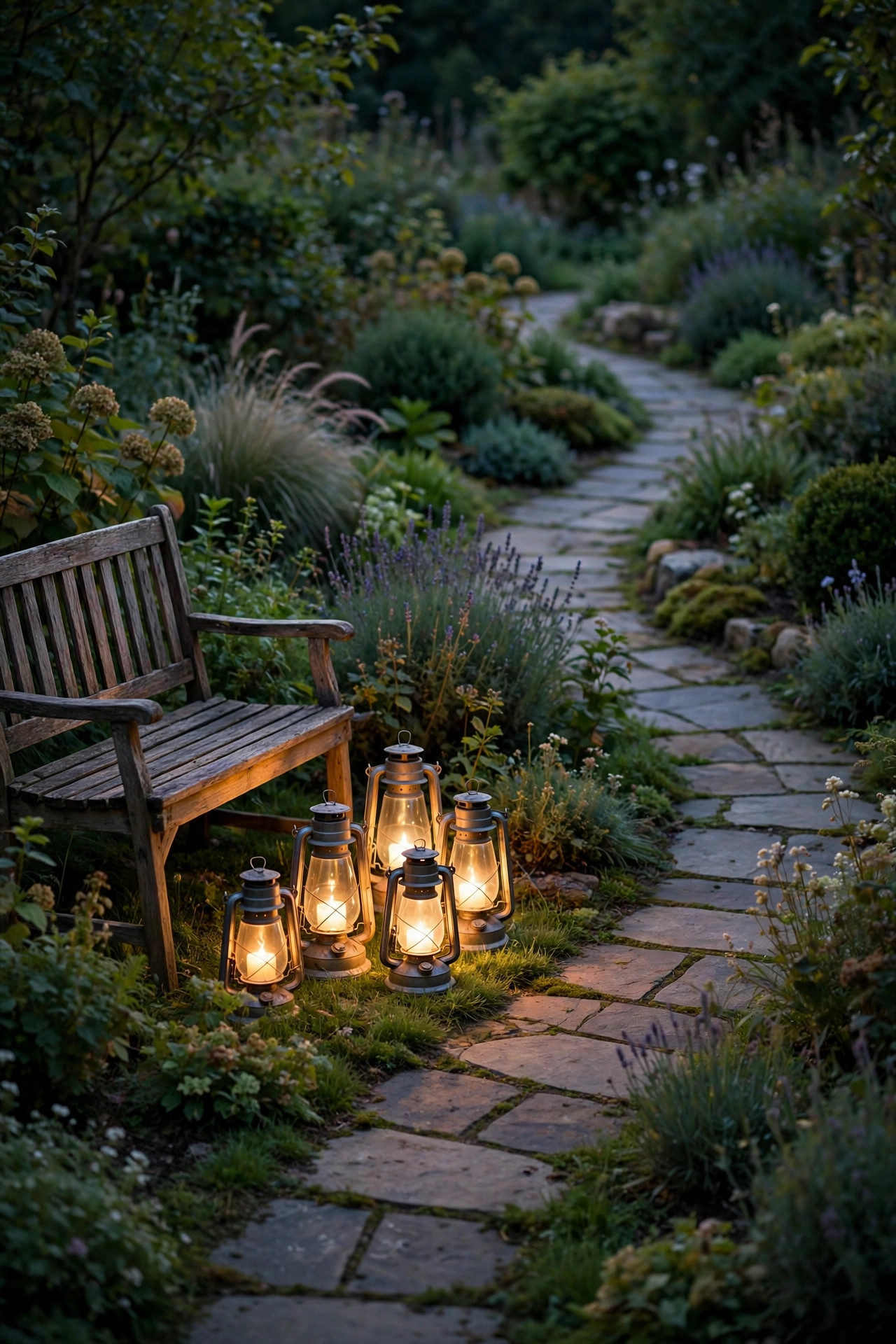 Flickering LED hurricane lanterns grouped beside a bench where a curved walkway bends through the garden