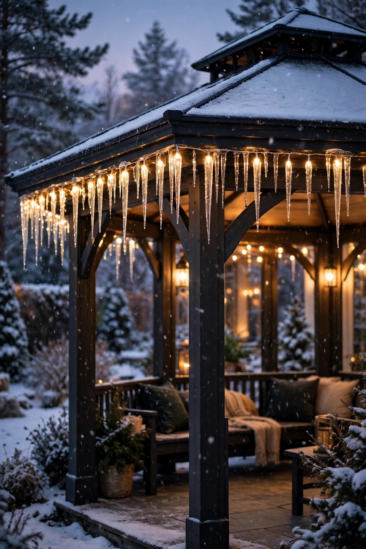 Icicle lights hanging along the front edge of a hardtop gazebo roof on a snowy evening, warm interior glow behind them