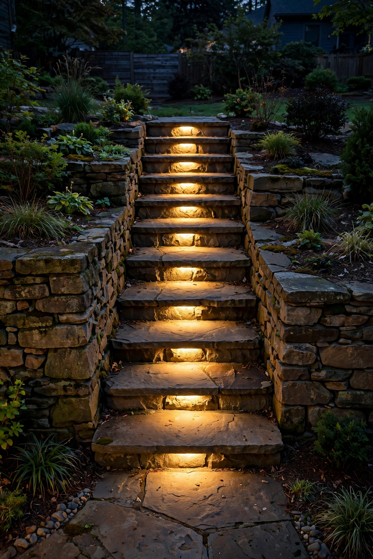 In ground well lights landscape illuminating outdoor stone steps at night for safety