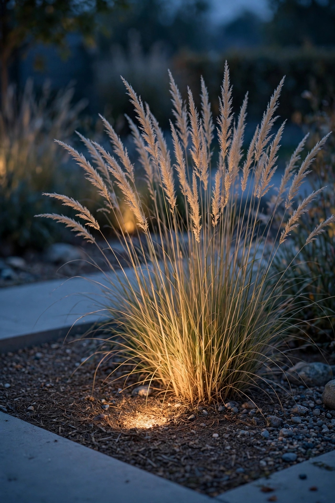 In-ground well light flush with a garden bed glowing up into ornamental grasses at dusk, fixture invisible by day in a minimalist bed