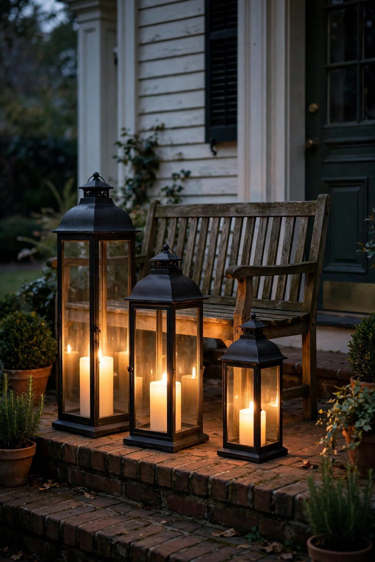 Cluster of three freestanding lanterns in graduated heights glowing beside a bench on a colonial front stoop