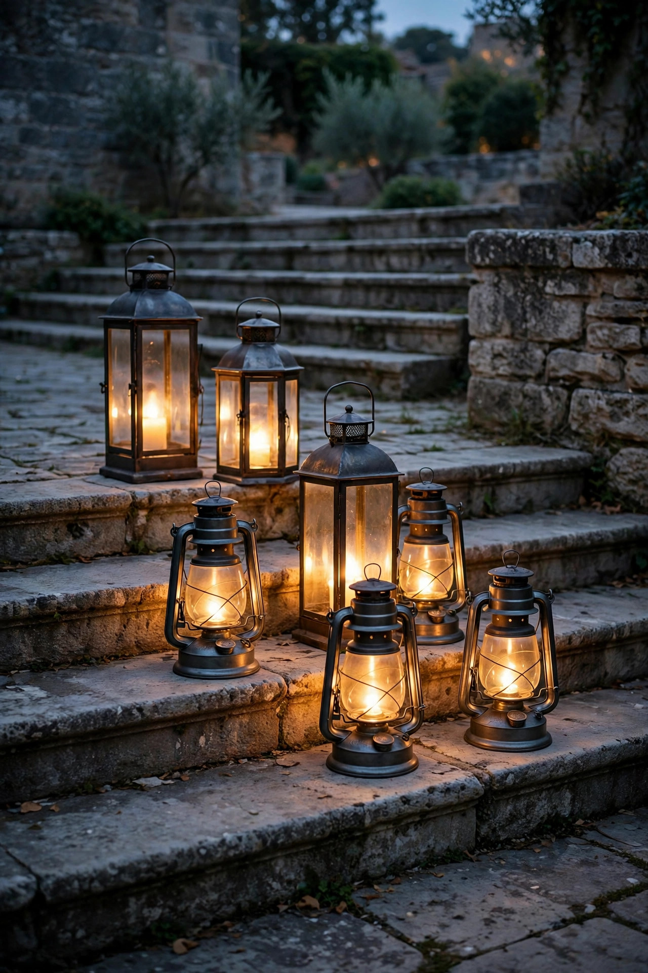 Cluster of freestanding metal lanterns at staggered heights glowing on wide stone courtyard steps at dusk
