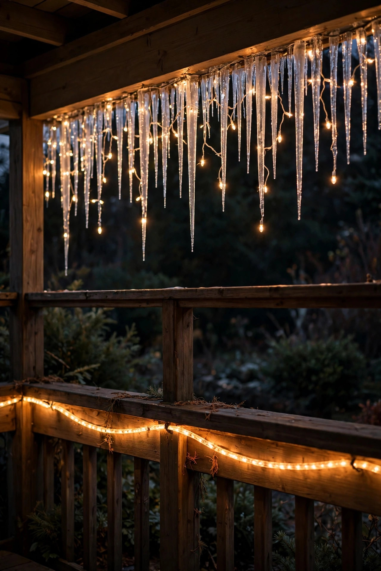 Icicle lights layered above a warm rope light glowing under a deck railing at night