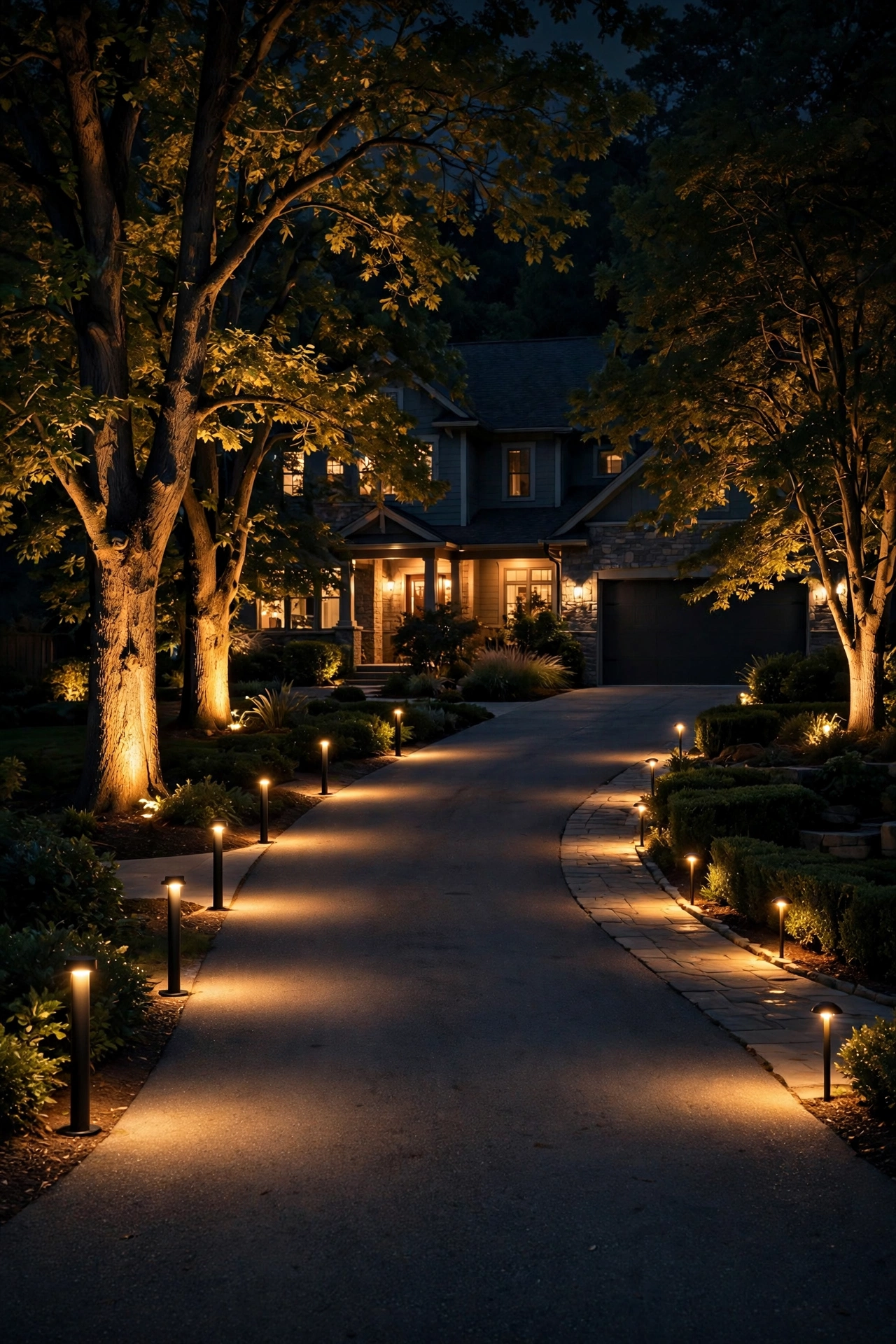 Layered driveway lighting with bollard lights, tree uplights, and path lights at a suburban home