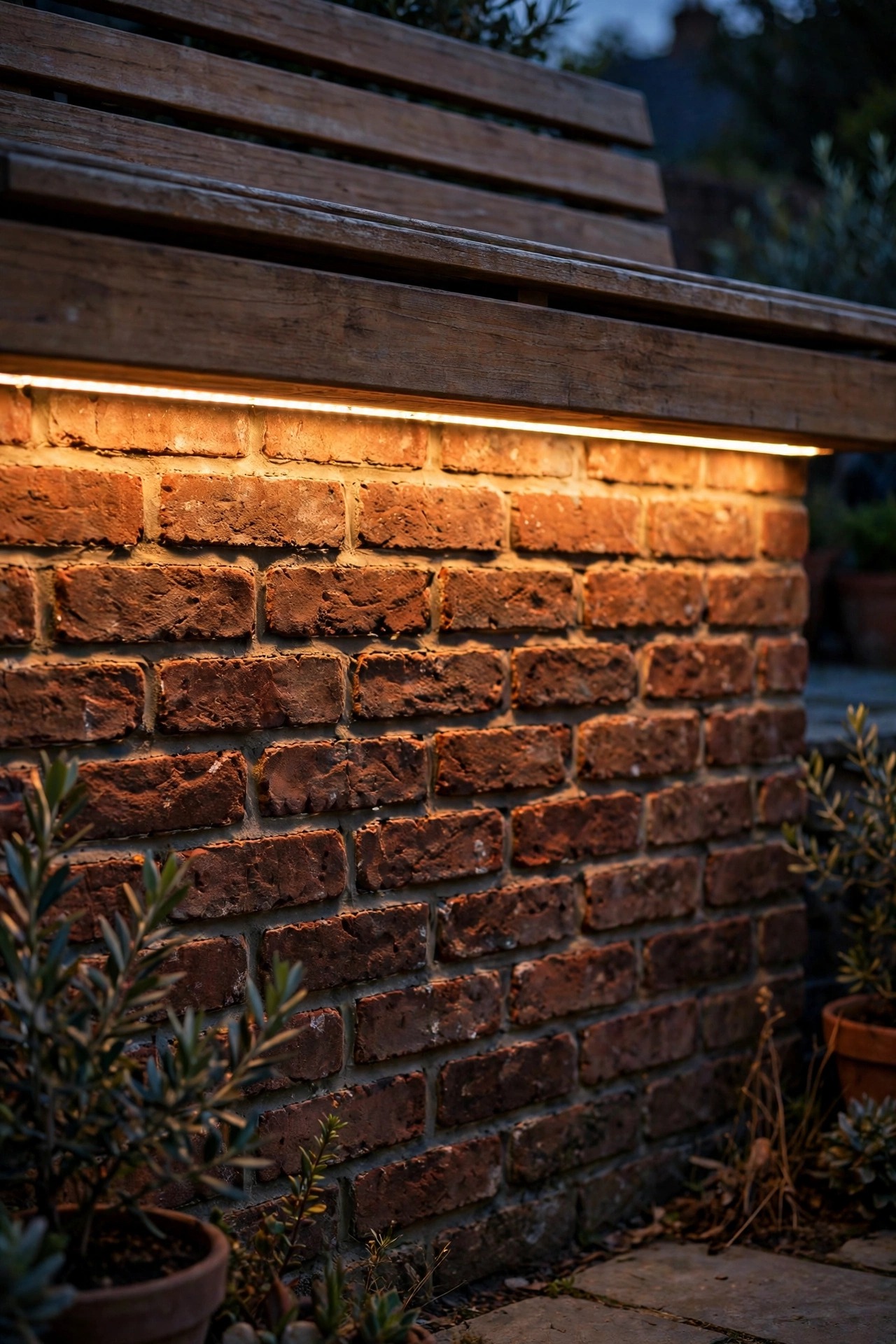 Warm LED strip glow washing down the brick face beneath a built-in patio bench edge