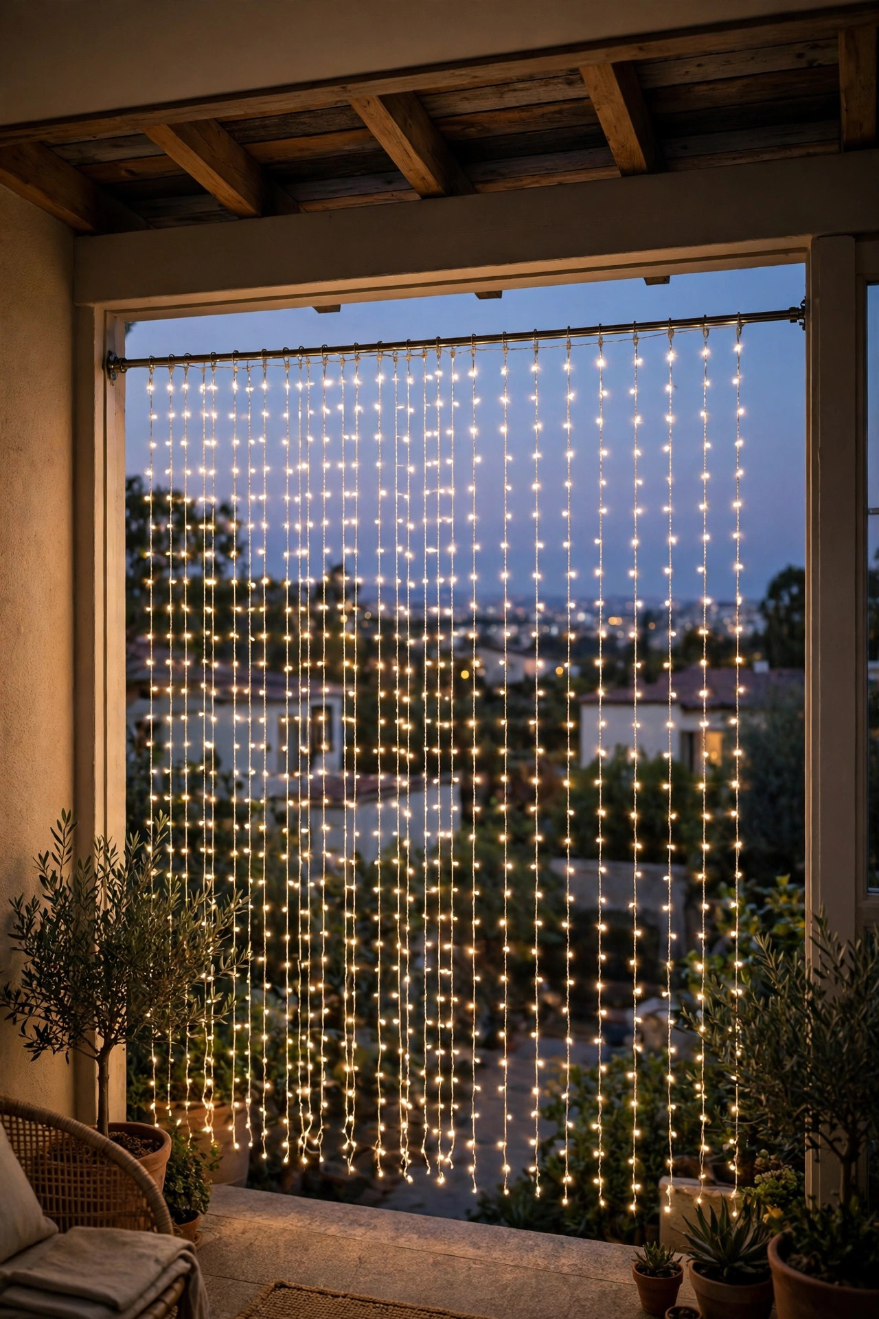 Warm white curtain lights hanging from a tension rod across a covered balcony opening at dusk