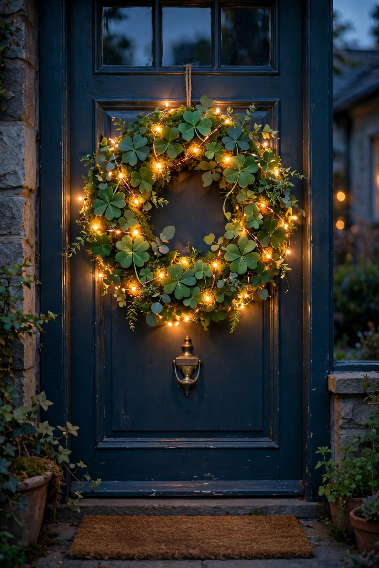 Shamrock wreath wrapped in green fairy lights glowing on a front door at dusk