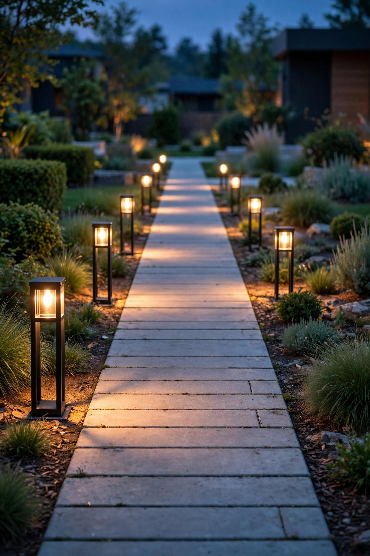 Modern low lantern bollard path lights washing warm light across a straight concrete paver walkway