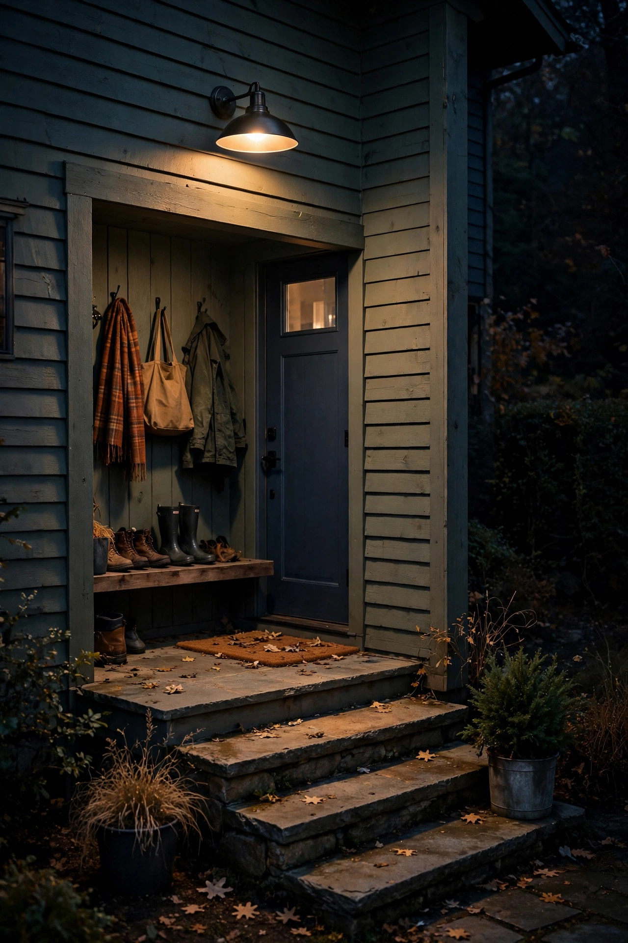 Low-profile barn sconce with a down-facing metal shade lighting a mudroom entry and steps at night