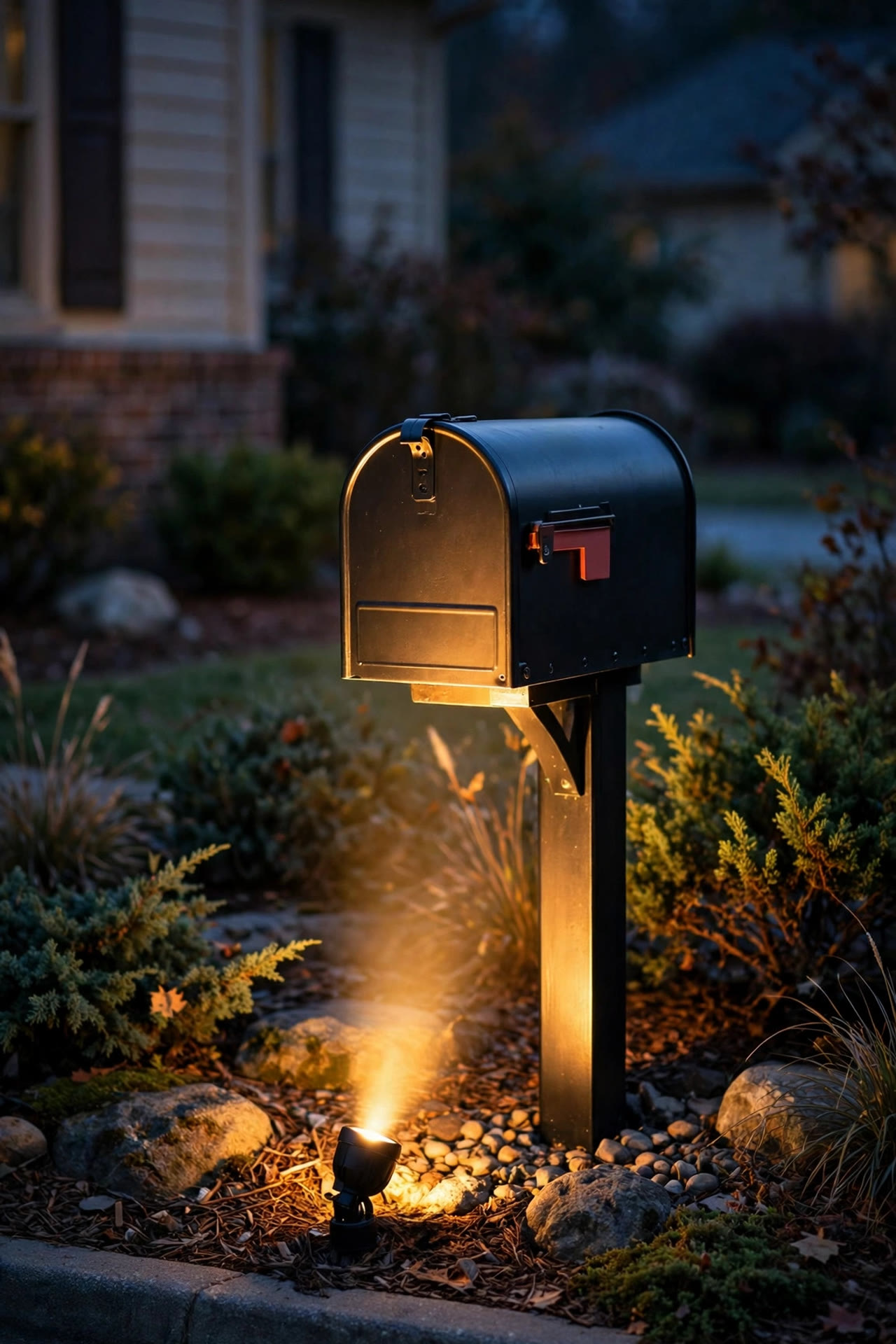 Low-voltage spotlight lighting a curbside mailbox in the early evening with a warm even glow