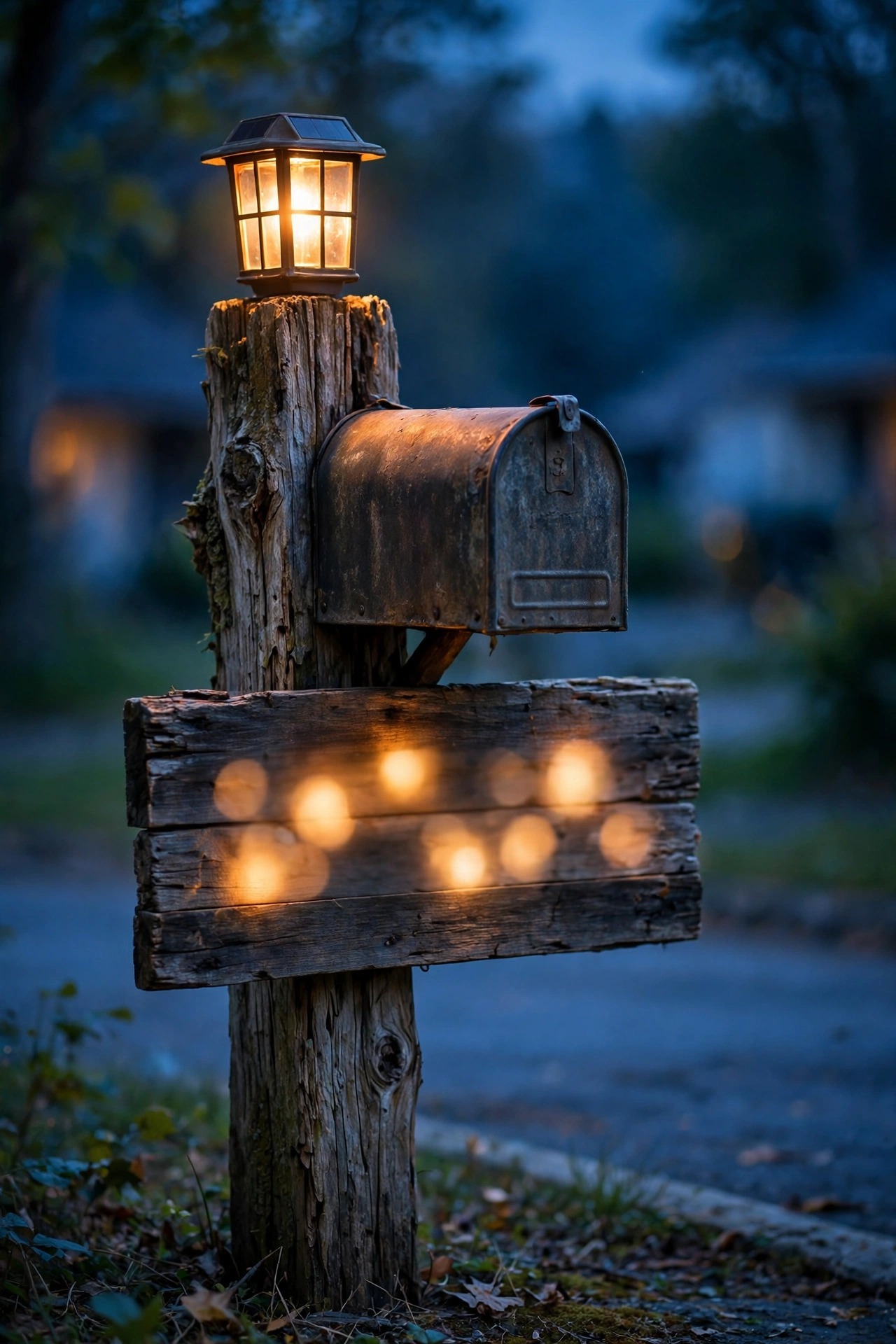 Rustic mailbox post with a small solar lantern and warmly lit house numbers at dusk