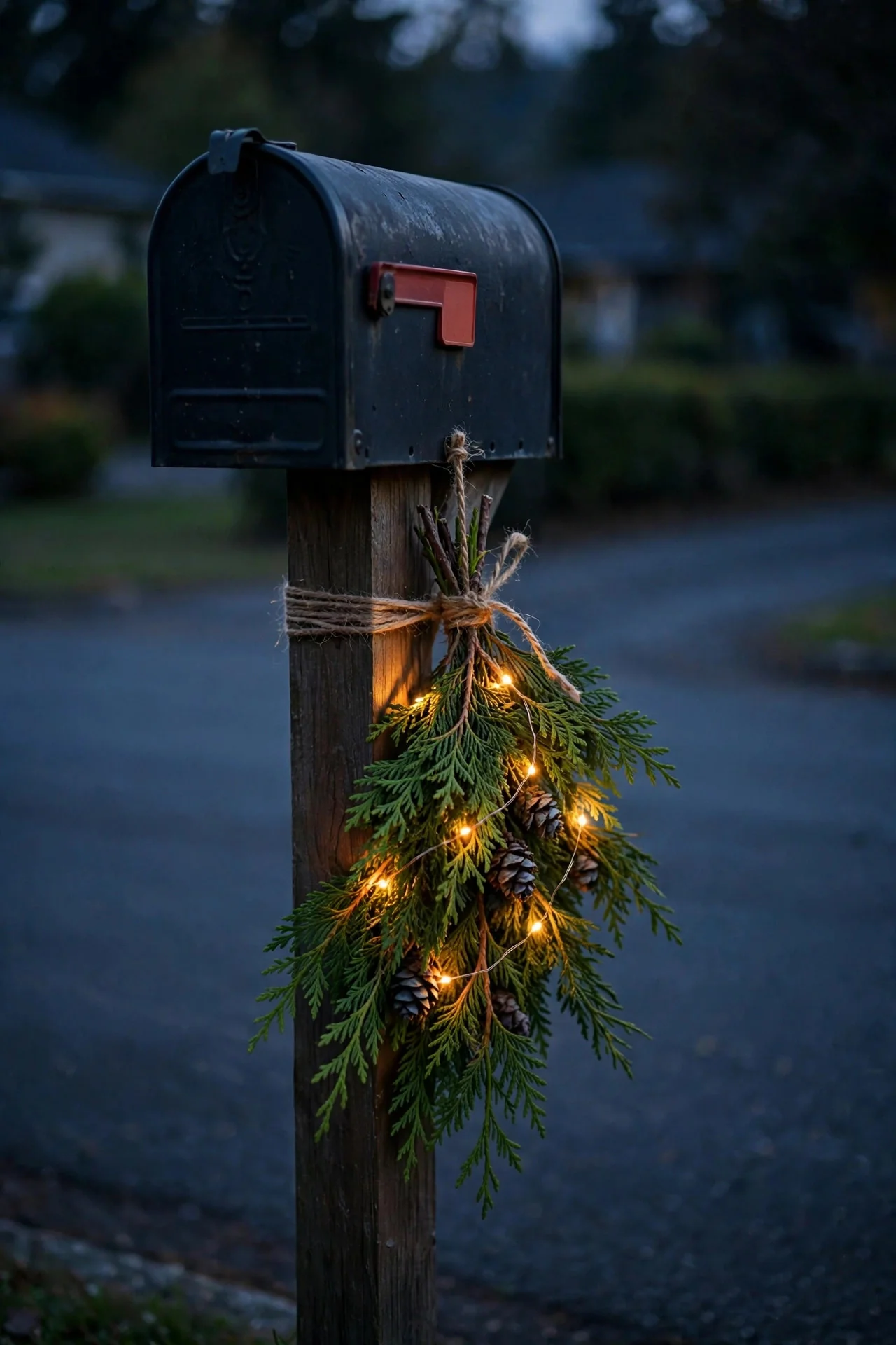 Small greenery swag with tiny fairy lights tied to a mailbox post at dusk
