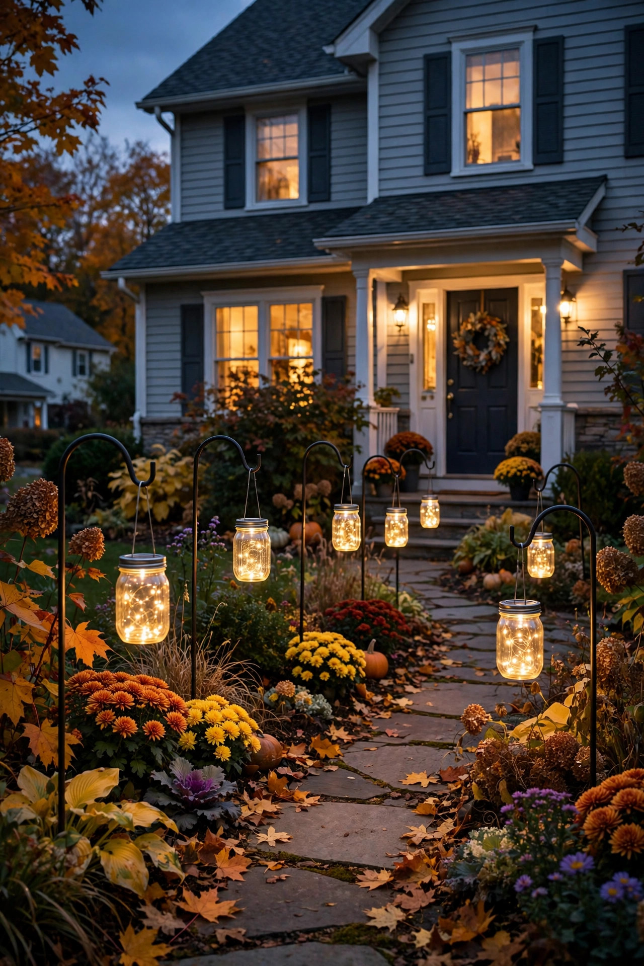 Mason jars with solar fairy lights hanging from shepherd's hooks along a path