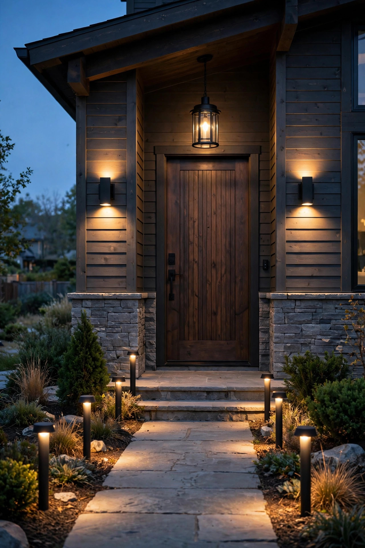 Coordinated matte black path lights sconces and porch pendant creating a unified front entry lighting scheme