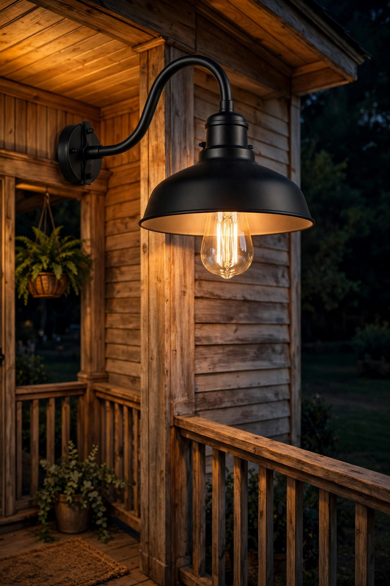 Matte black gooseneck barn light with glowing Edison filament bulb on a farmhouse porch at night