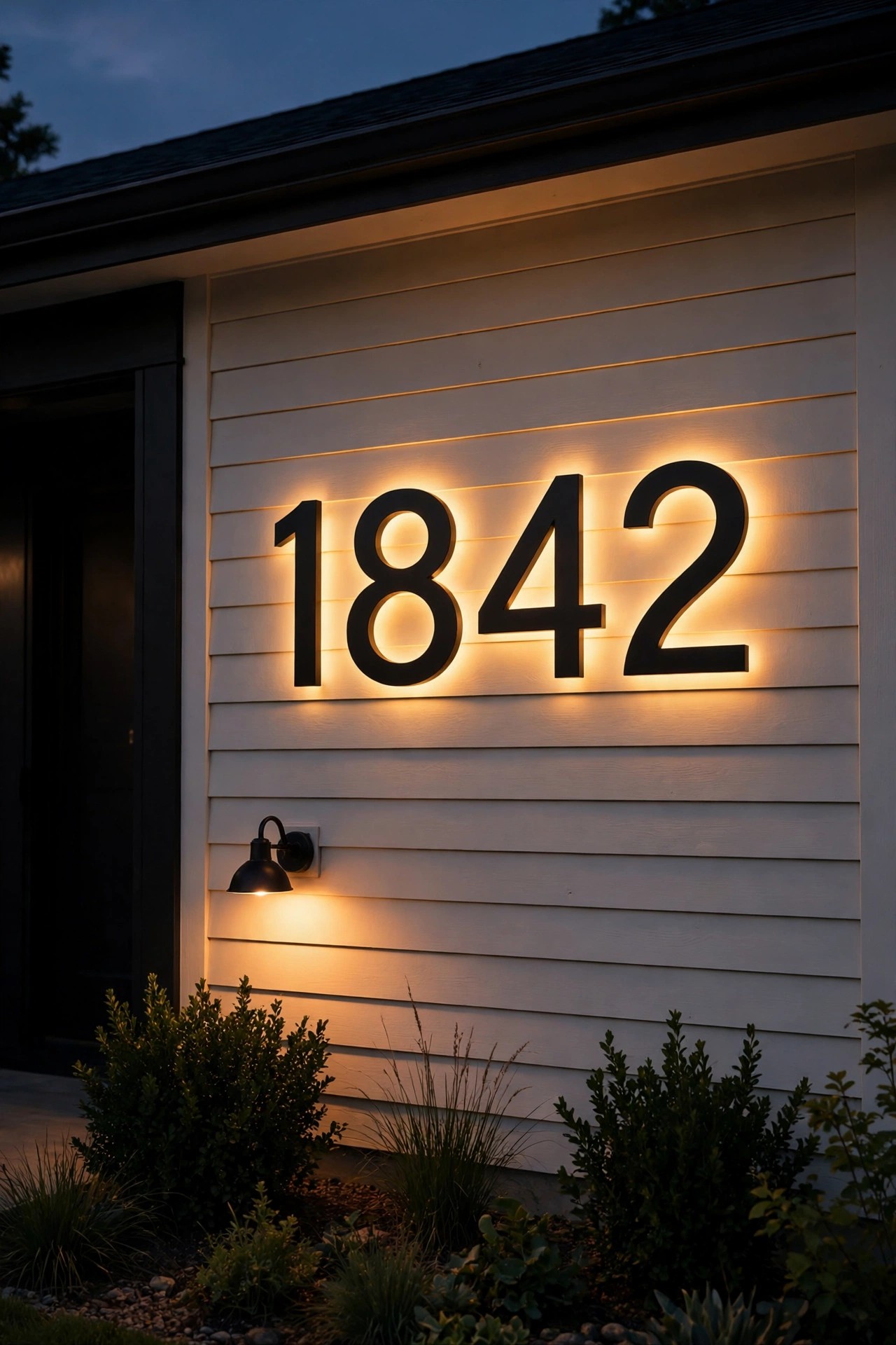 Matte black house numbers with a warm 2700K halo glow on light siding at night