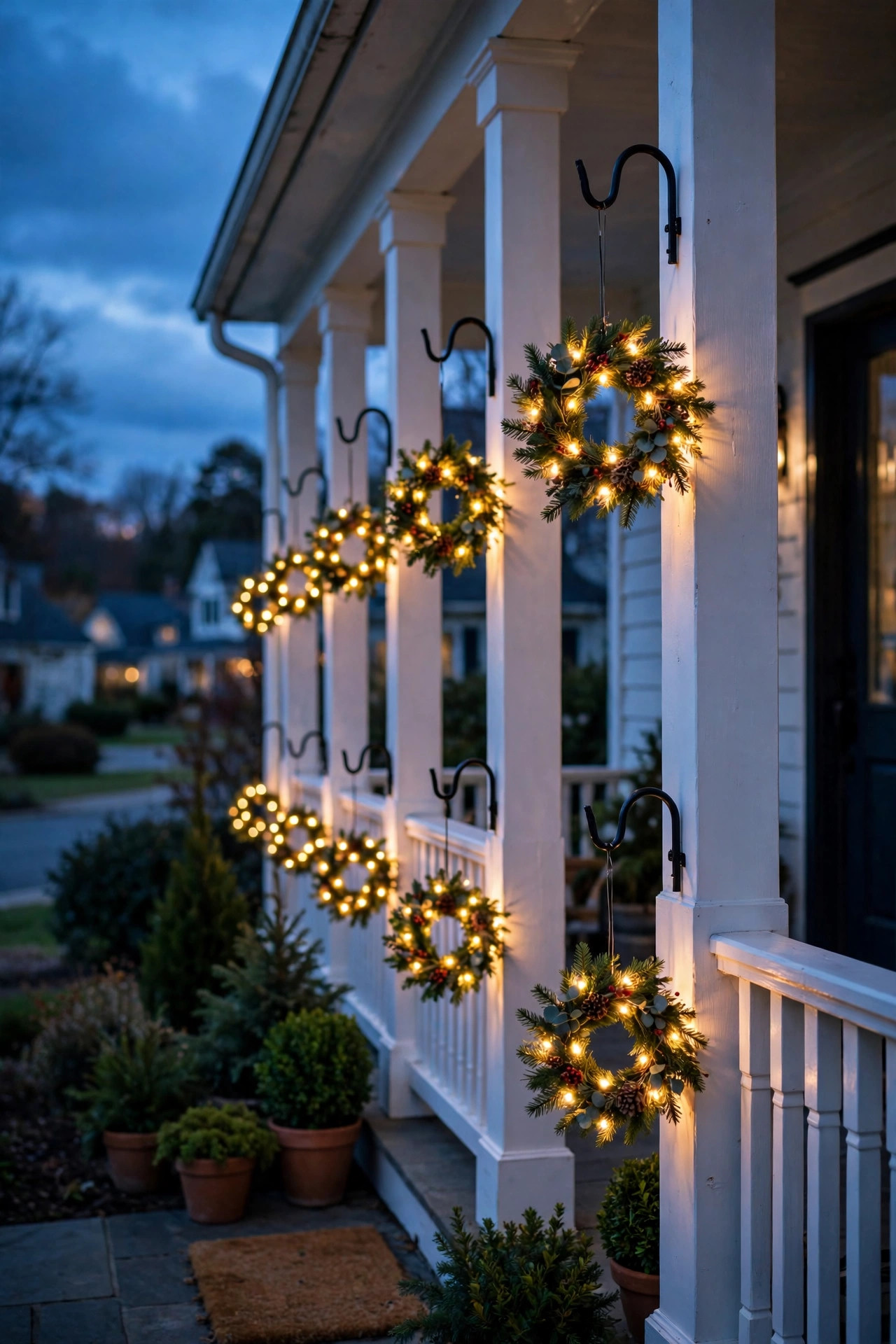 Small battery pre-lit wreaths glowing on porch posts and lantern hooks at dusk