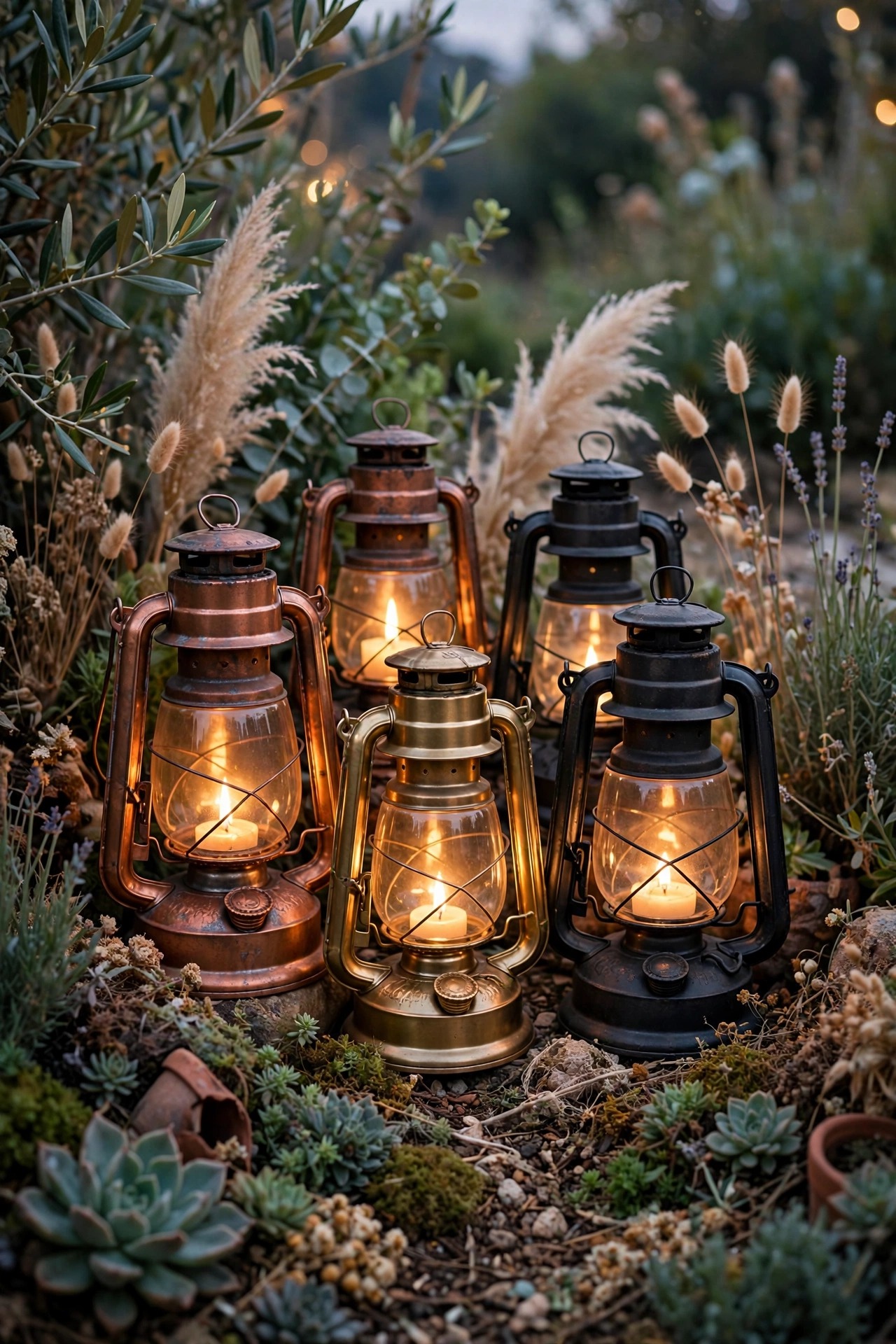 Mixed copper, brass and blackened metal lanterns grouped together in a boho garden bed