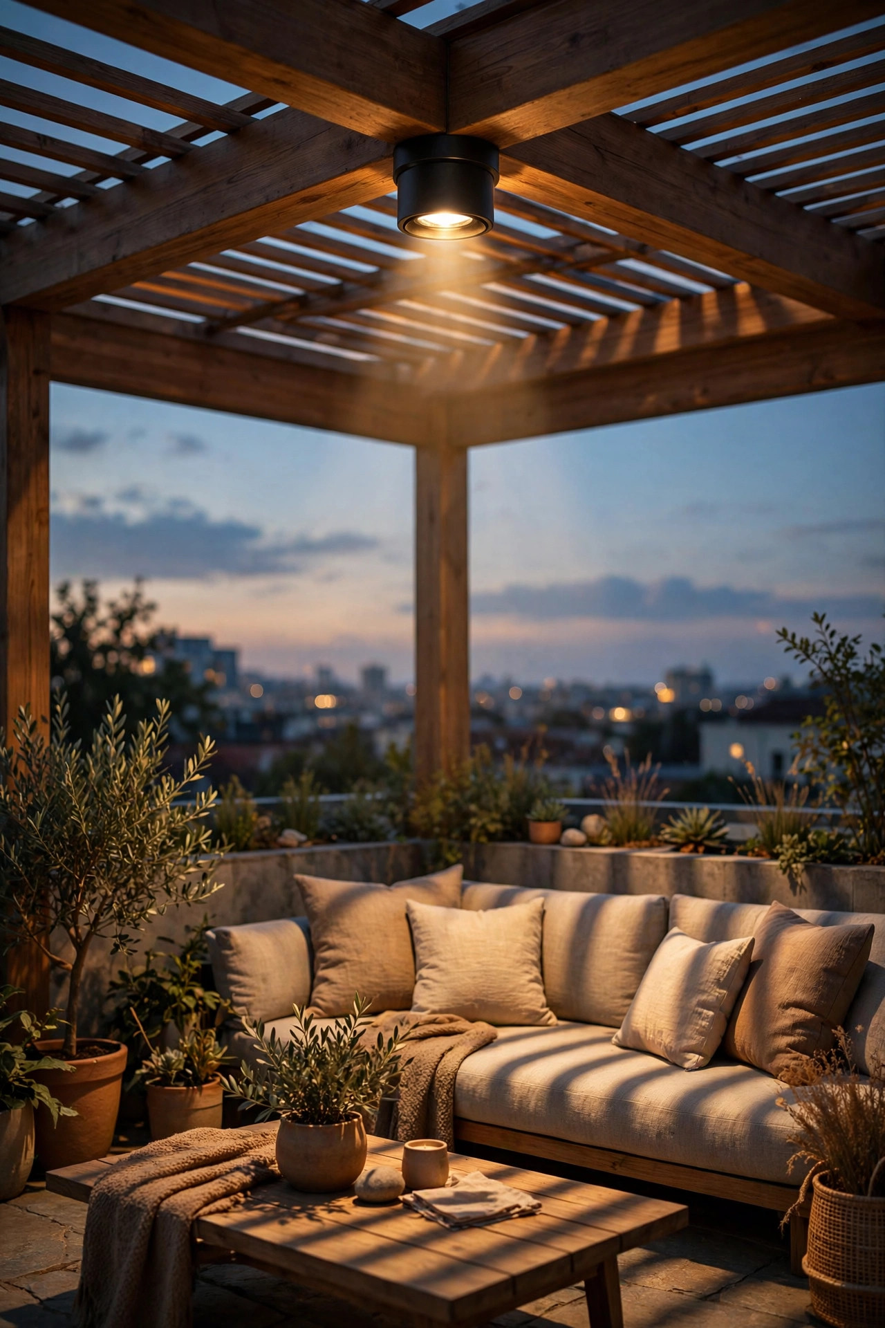 Shielded downlight on a rooftop pergola beam casting soft bars of light and shadow over lounge seating