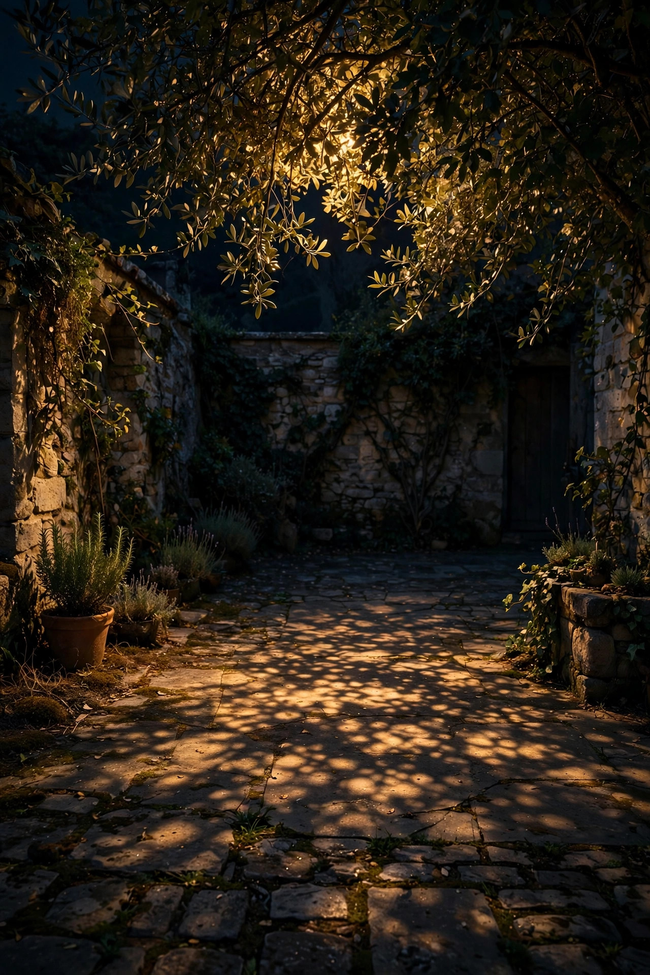 Soft moonlighting downlight dappling a courtyard floor through tree branches at night