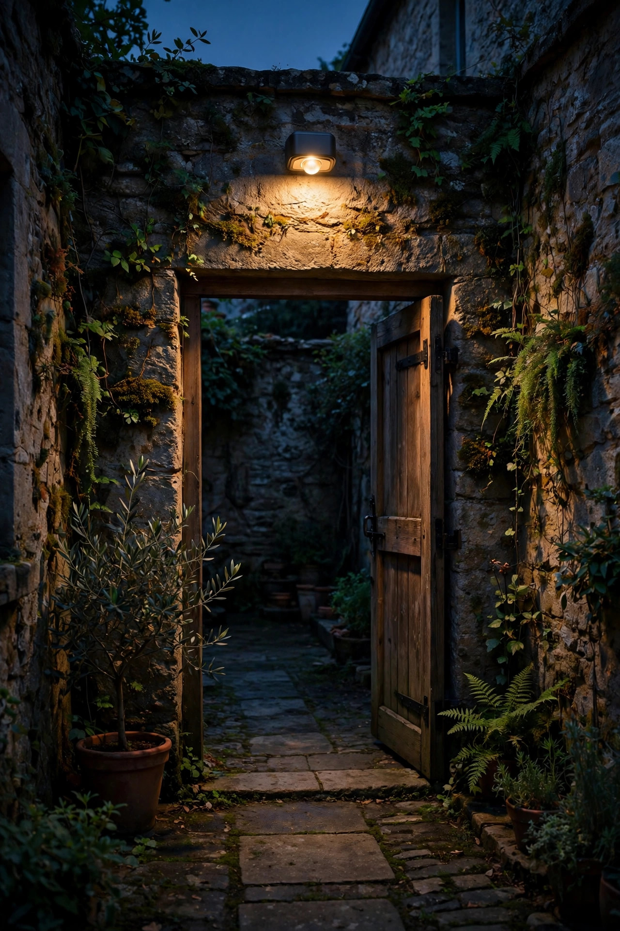 Small motion-activated light glowing over a shaded courtyard gate path at night