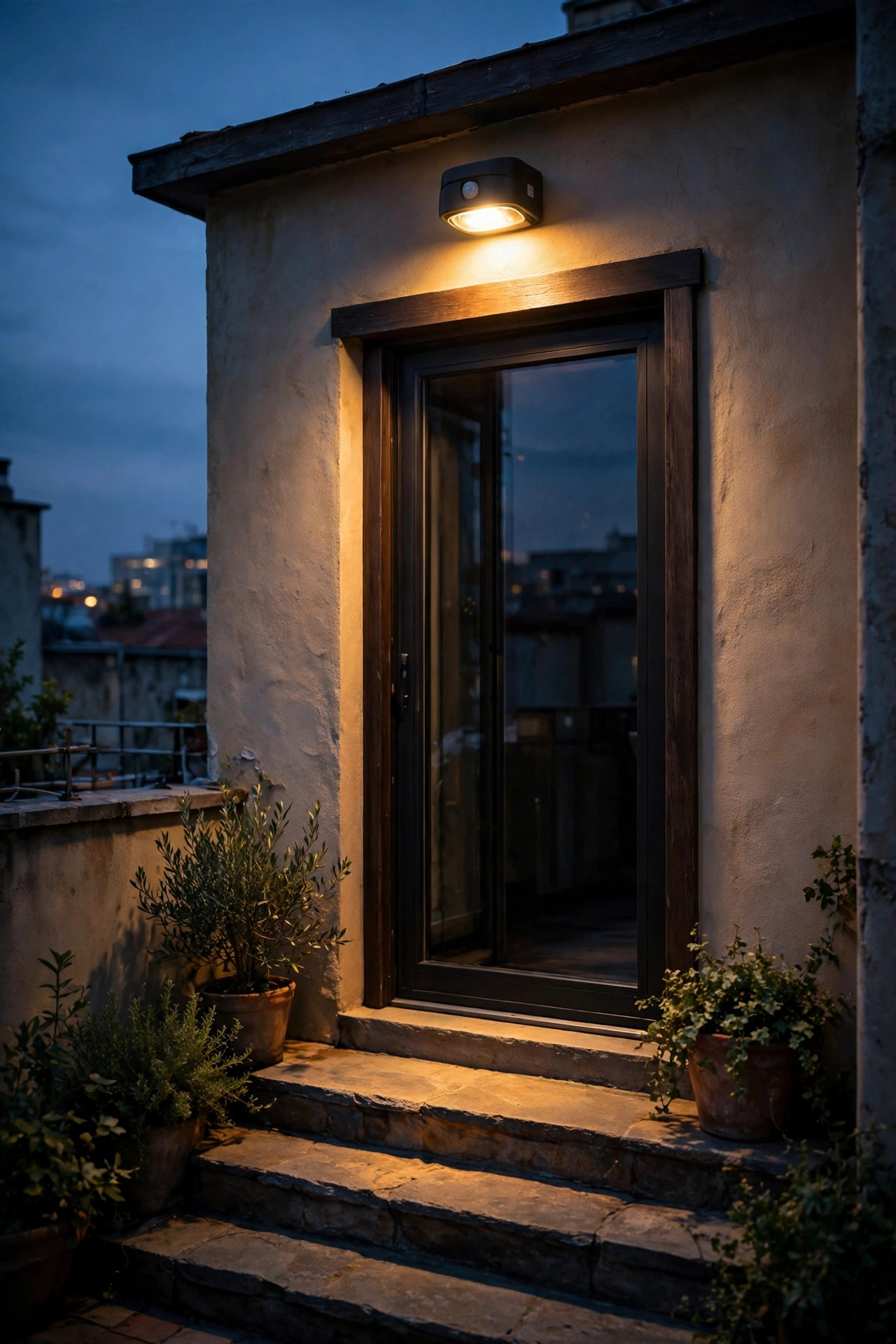 Warm motion sensor light glowing above a rooftop terrace door at dusk, softly lighting the threshold and steps