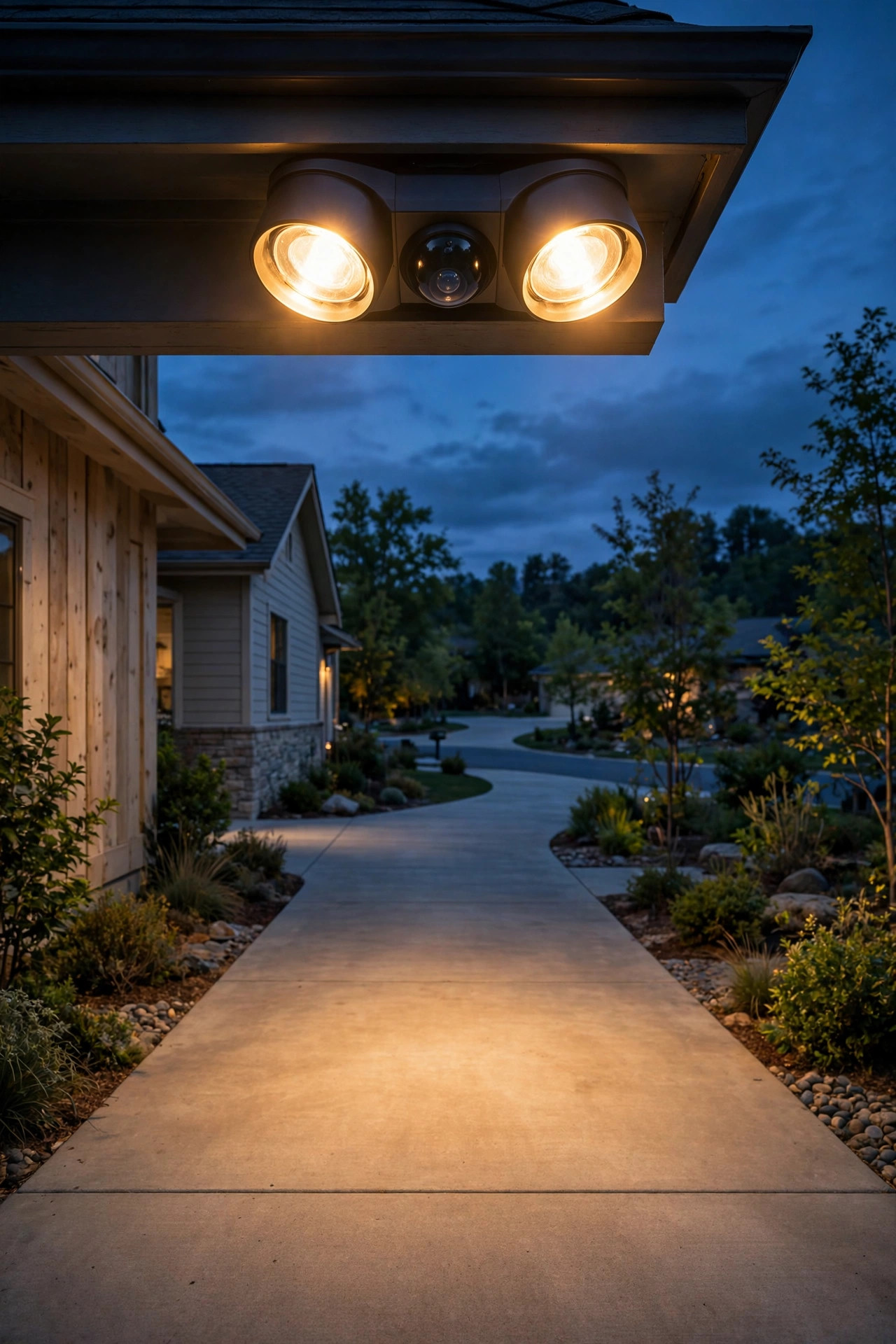 Dual-brightness motion sensor light over a driveway glowing softly at dusk, welcoming security lighting